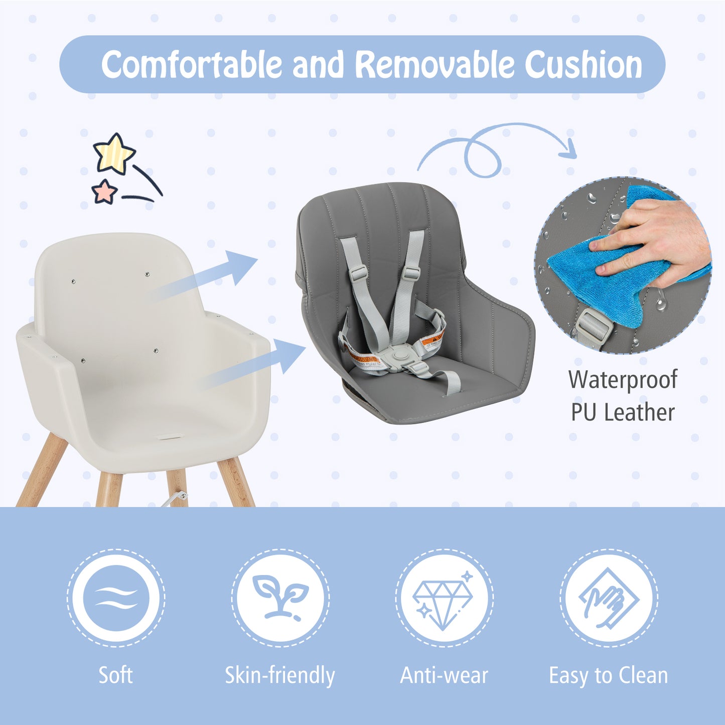 3-in-1 Convertible Wooden High Chair with Cushion-Light Gray Kids Crystal
