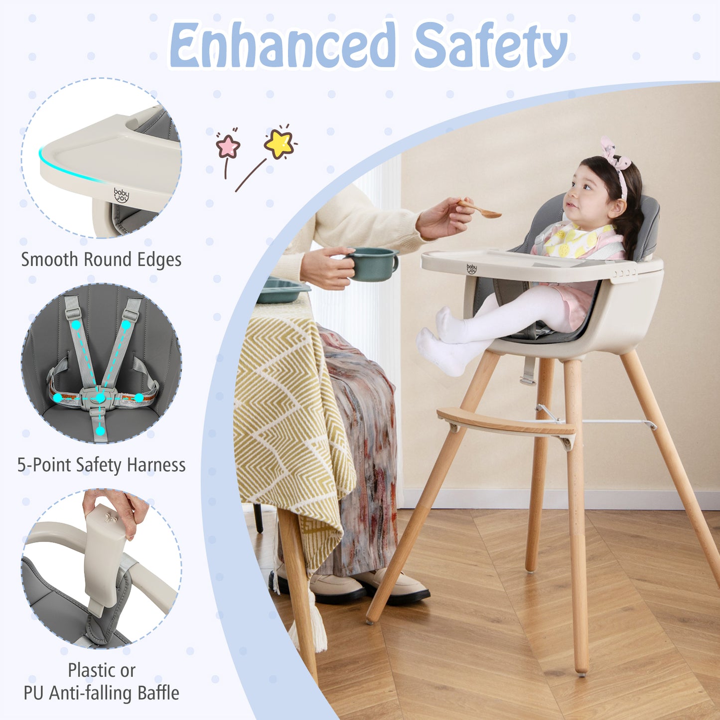 3-in-1 Convertible Wooden High Chair with Cushion-Light Gray Kids Crystal