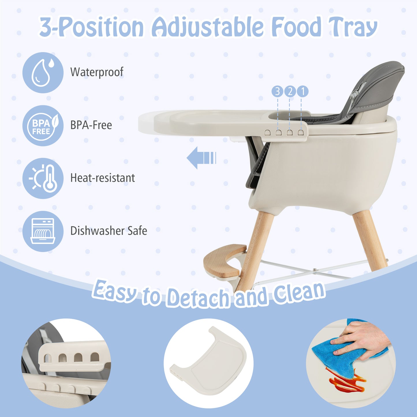 3-in-1 Convertible Wooden High Chair with Cushion-Light Gray Kids Crystal