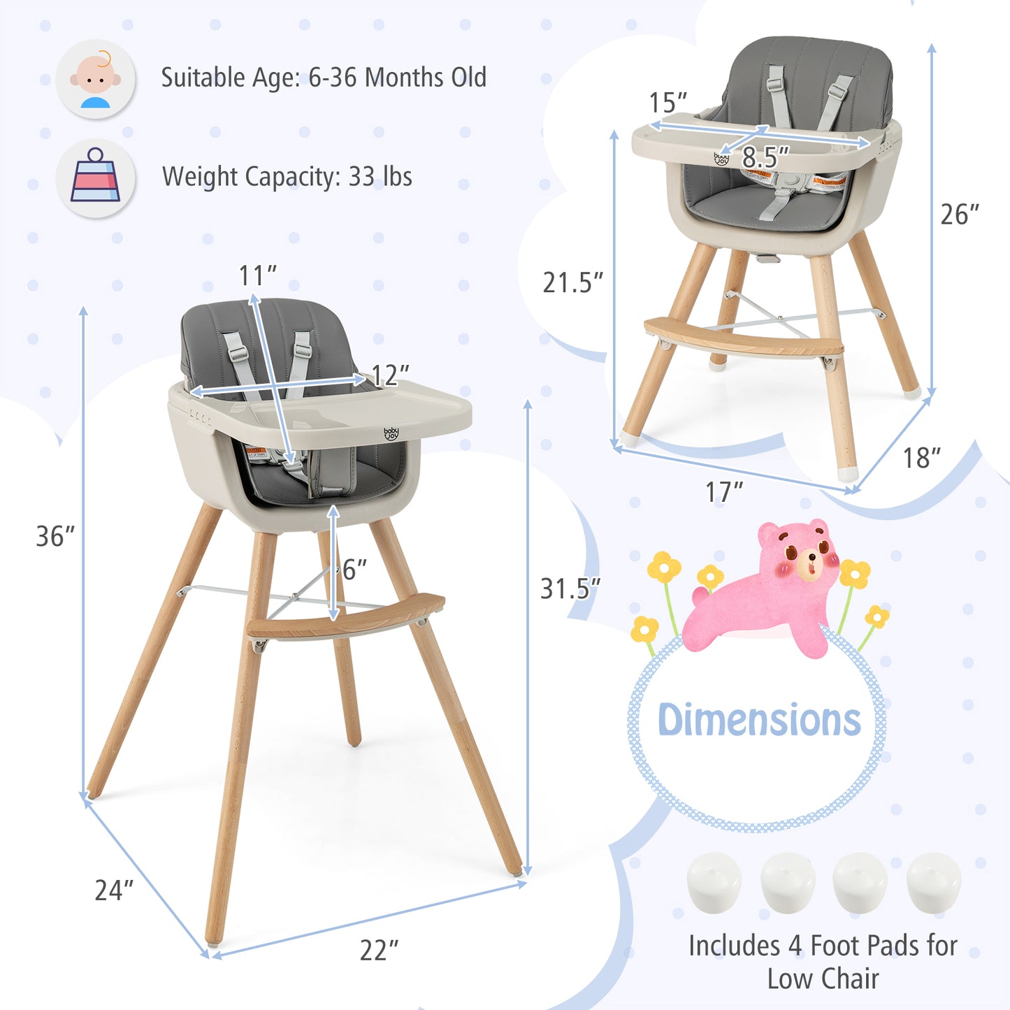 3-in-1 Convertible Wooden High Chair with Cushion-Light Gray Kids Crystal