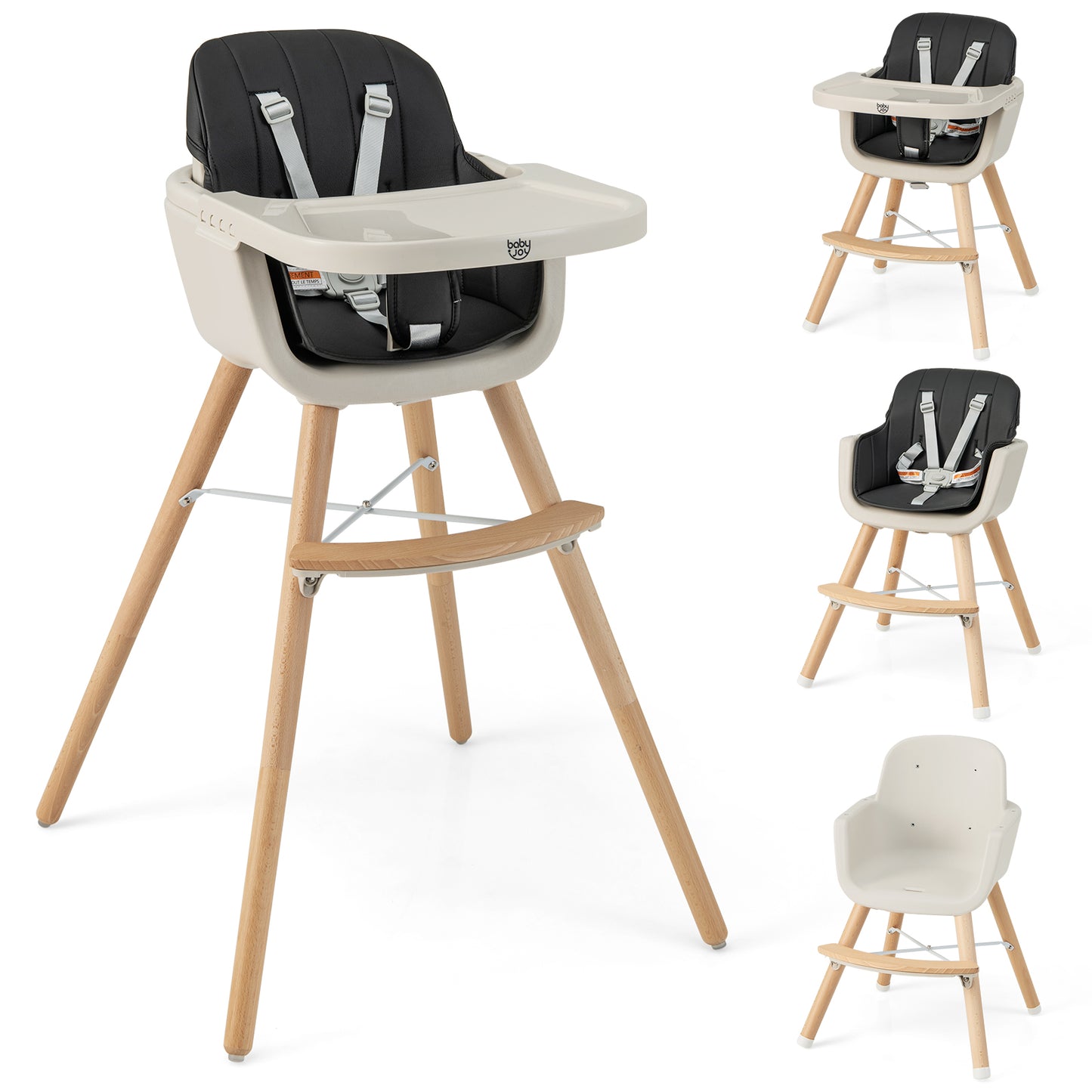 3-in-1 Convertible Wooden High Chair with Cushion-Black Kids Crystal