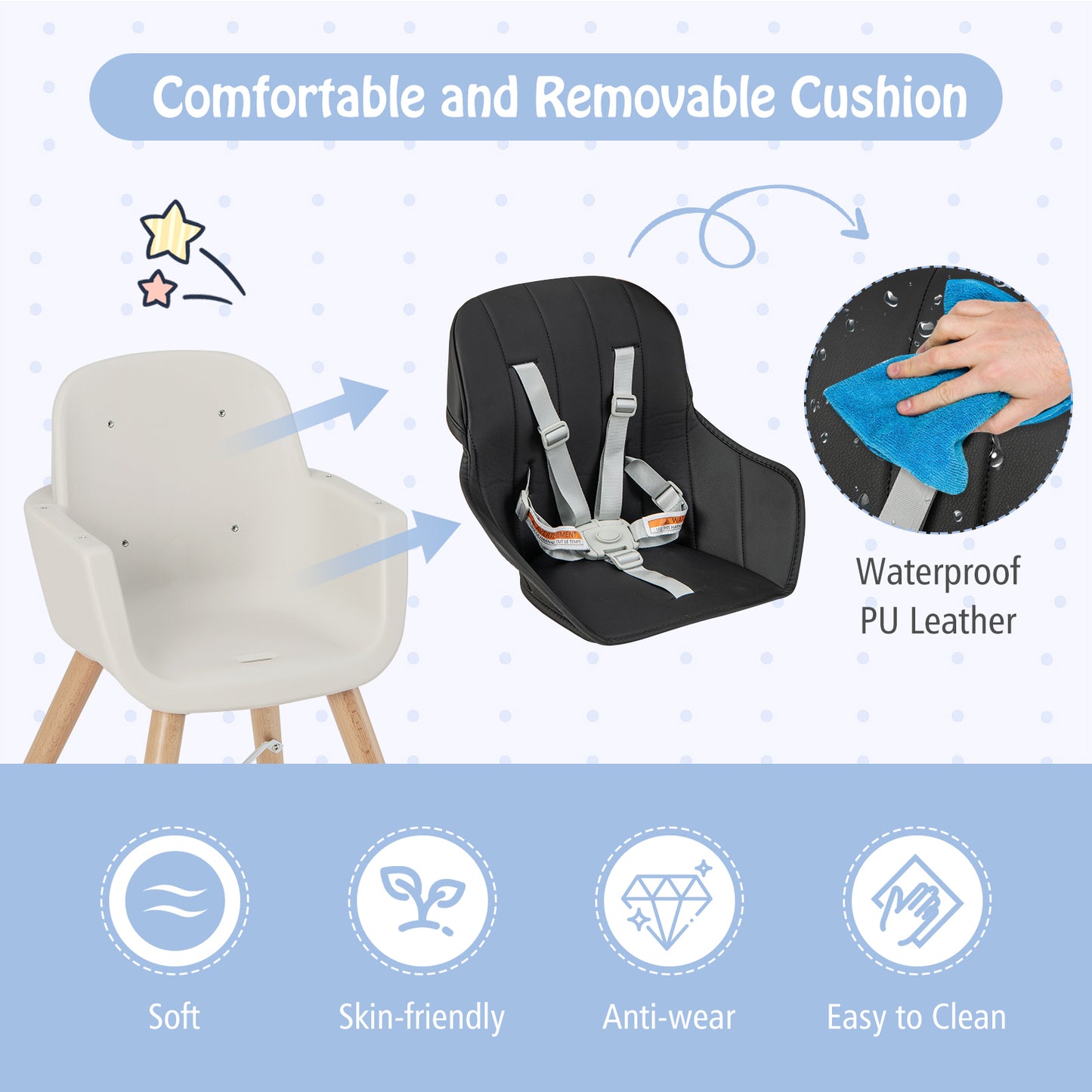 3-in-1 Convertible Wooden High Chair with Cushion-Black Kids Crystal