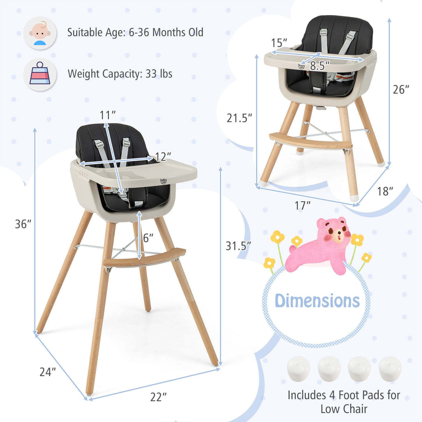 3-in-1 Convertible Wooden High Chair with Cushion-Black Kids Crystal
