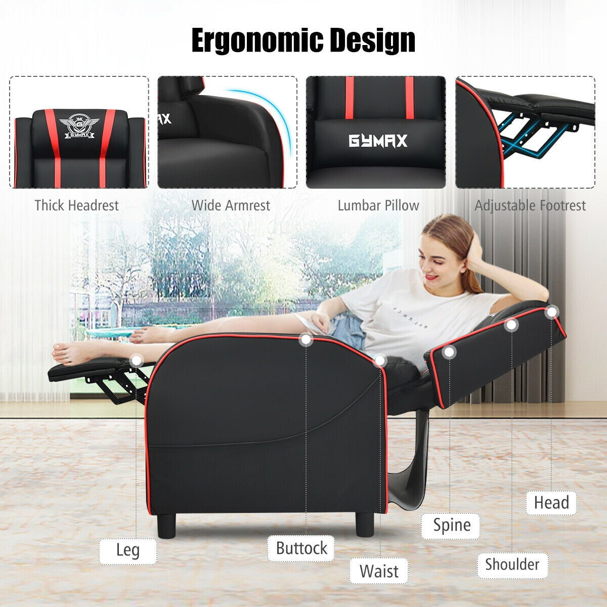 Massage Racing Gaming Single Recliner Chair-Red Kids Crystal