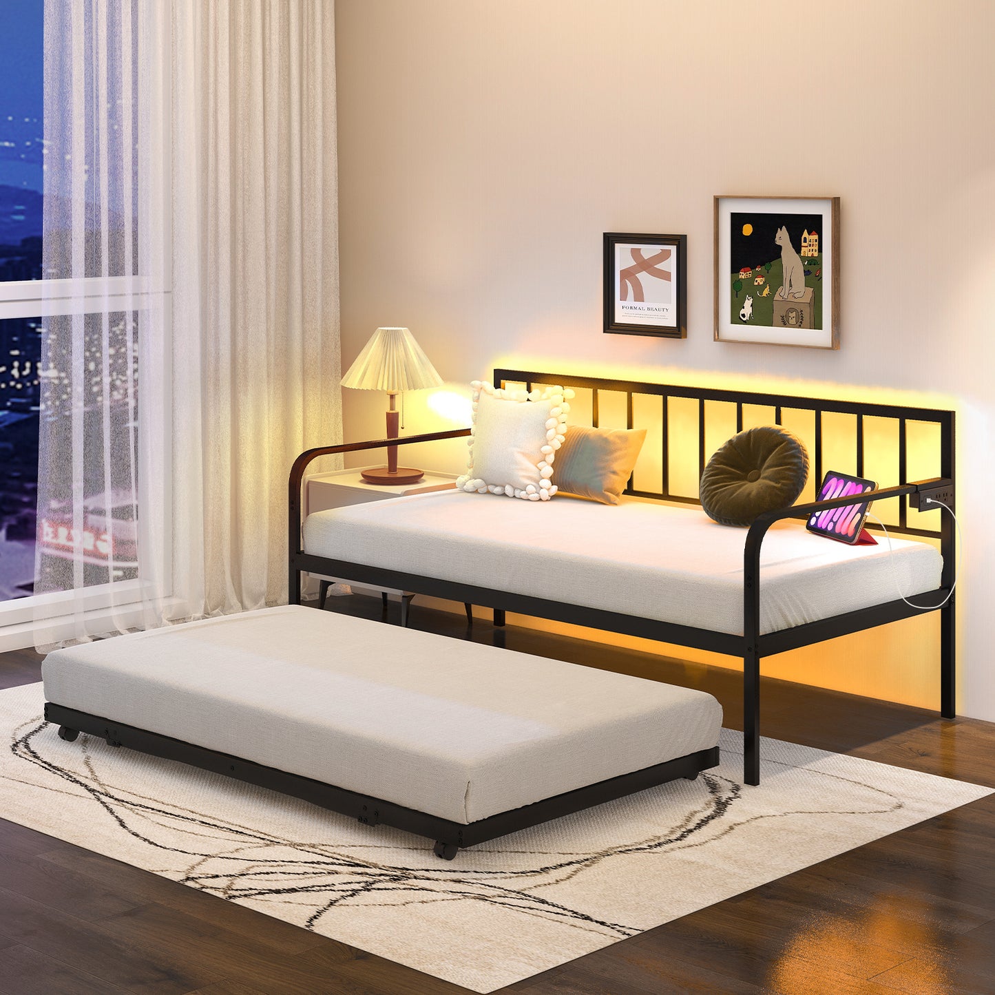 Twin Daybed with Charging Station and LED Lights-Black Kids Crystal