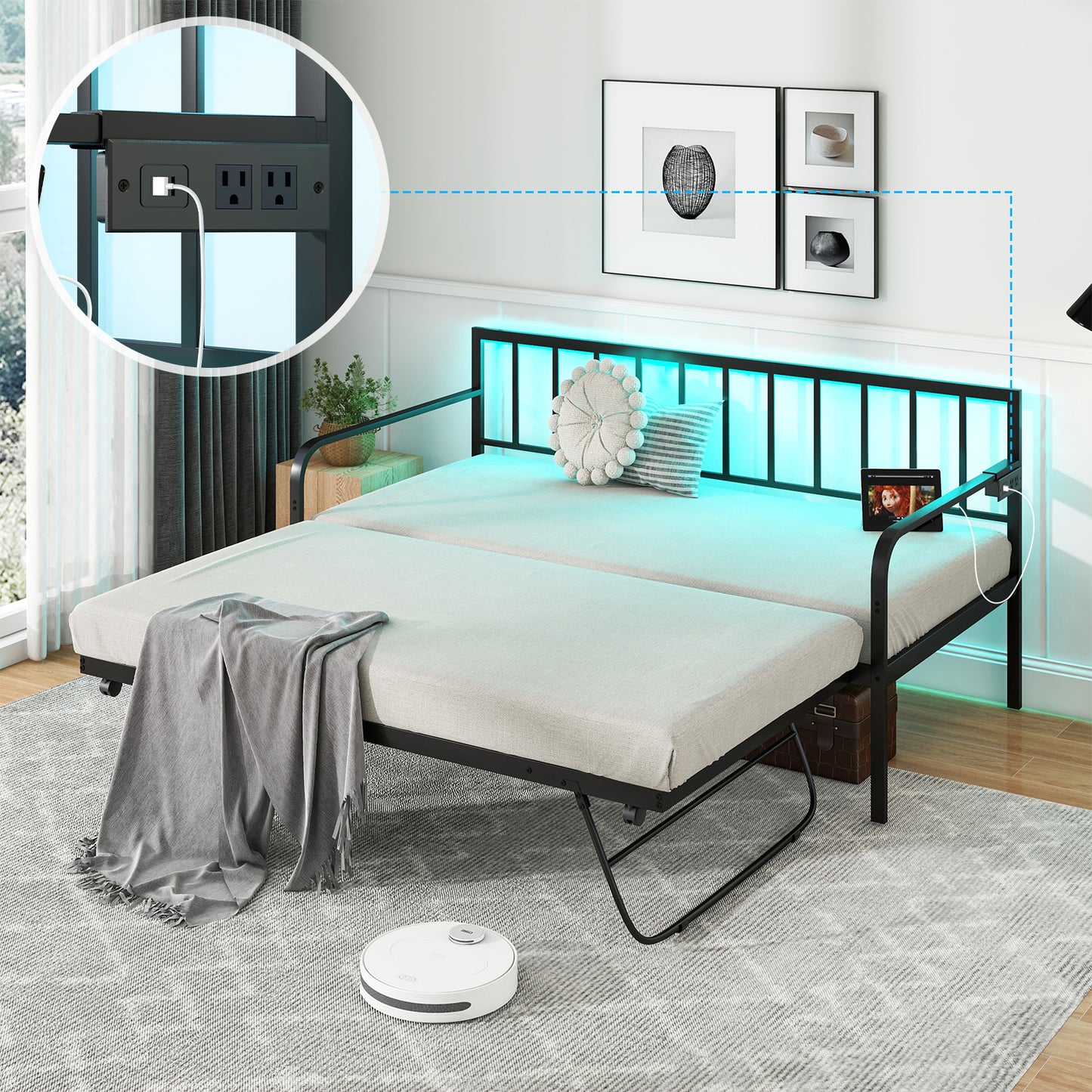 Twin Daybed with Charging Station and LED Lights-Black Kids Crystal