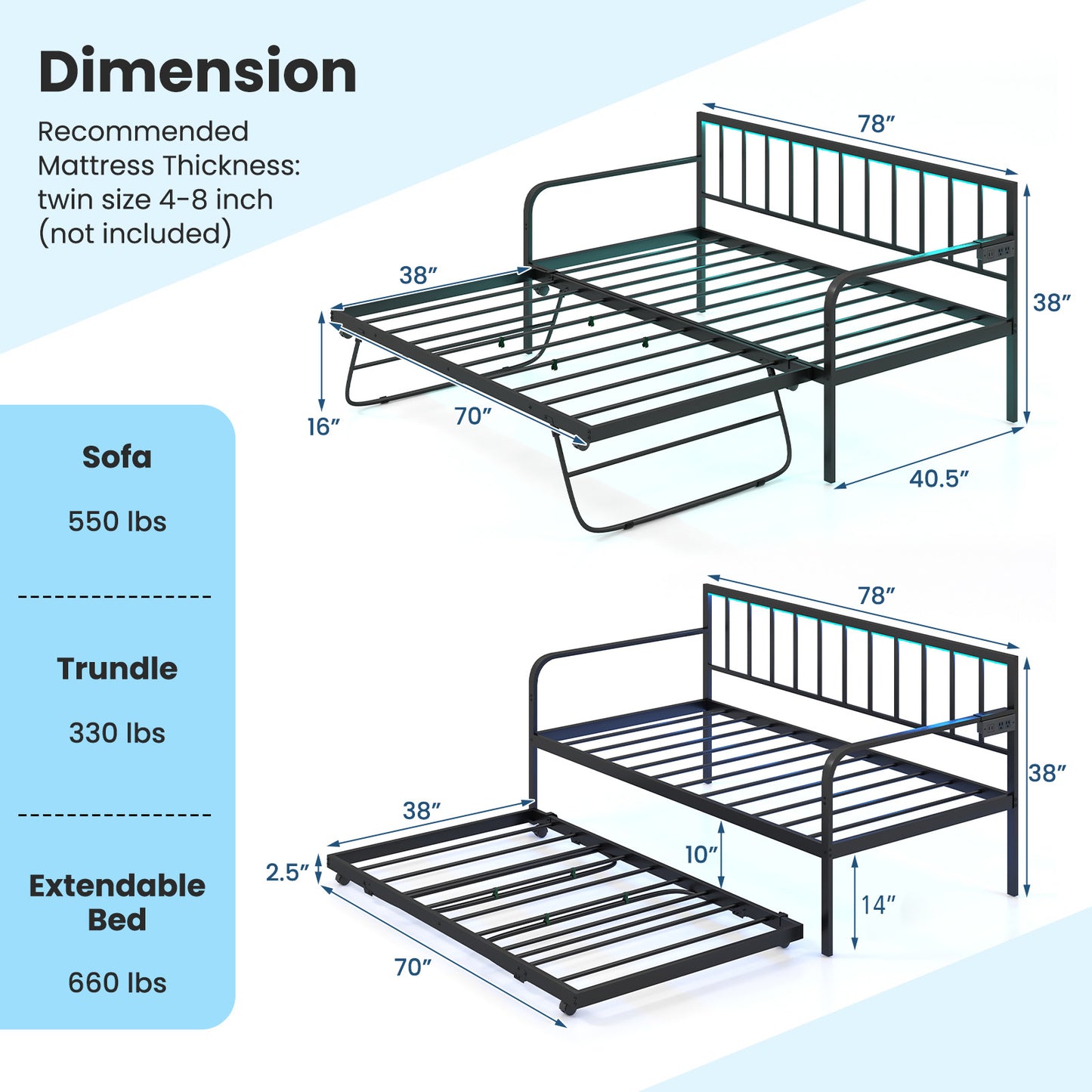 Twin Daybed with Charging Station and LED Lights-Black Kids Crystal