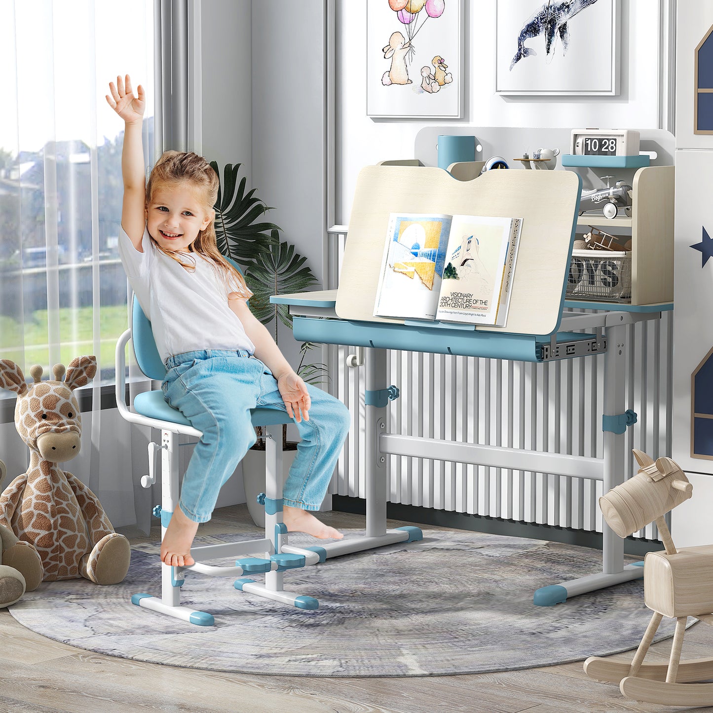 Height Adjustable Kids Study Desk with Tilt Desktop for 3-12 Years Old-Blue Kids Crystal