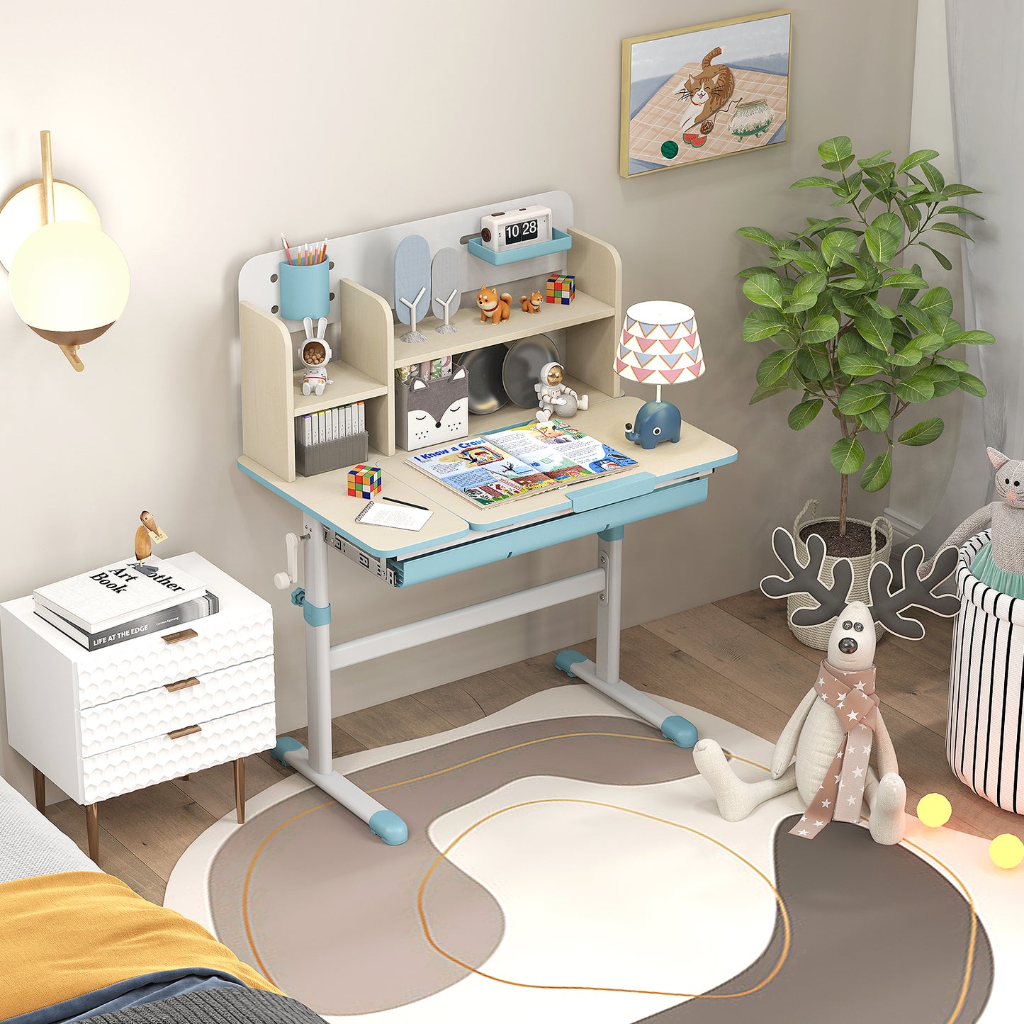 Height Adjustable Kids Study Desk with Tilt Desktop for 3-12 Years Old-Blue Kids Crystal