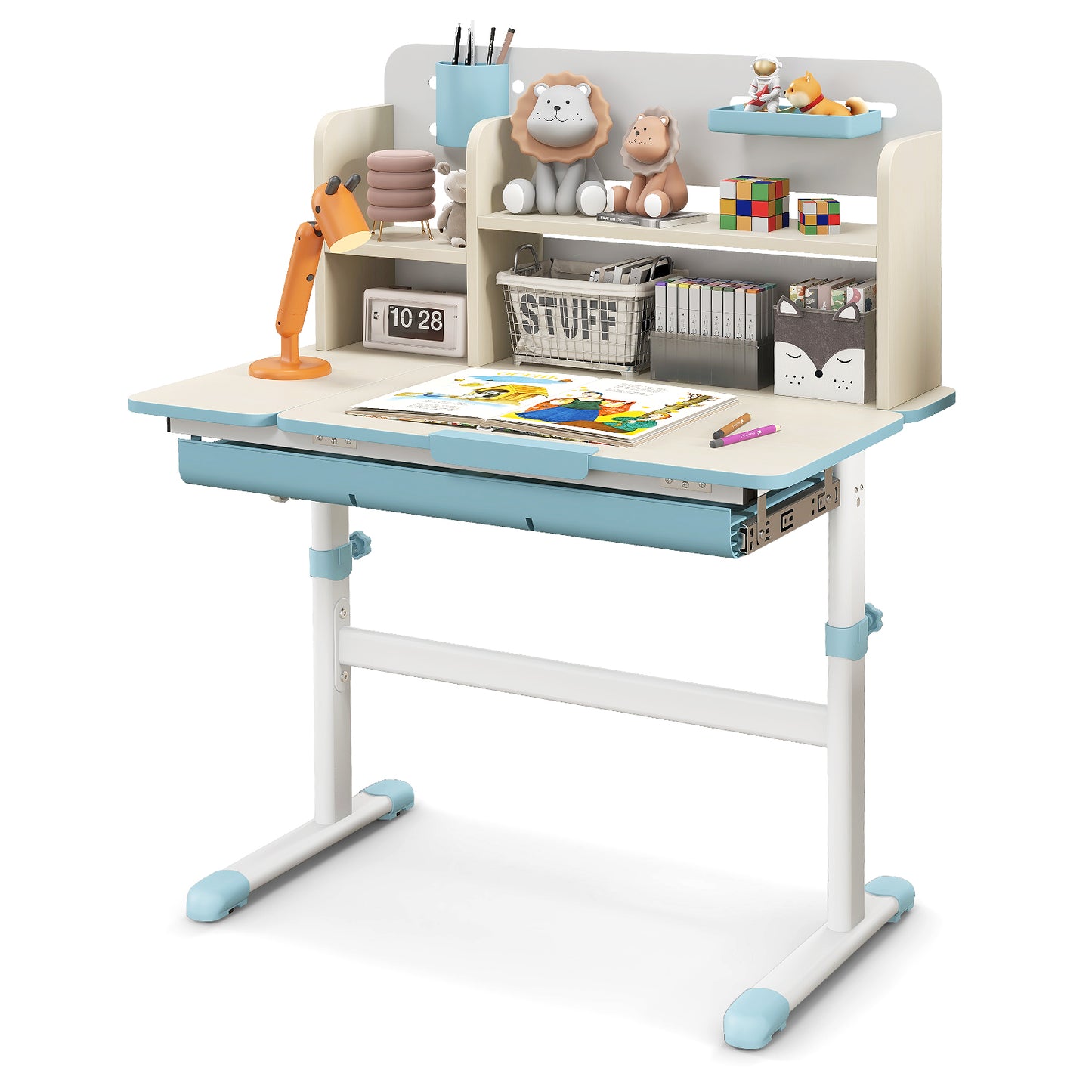 Height Adjustable Kids Study Desk with Tilt Desktop for 3-12 Years Old-Blue Kids Crystal