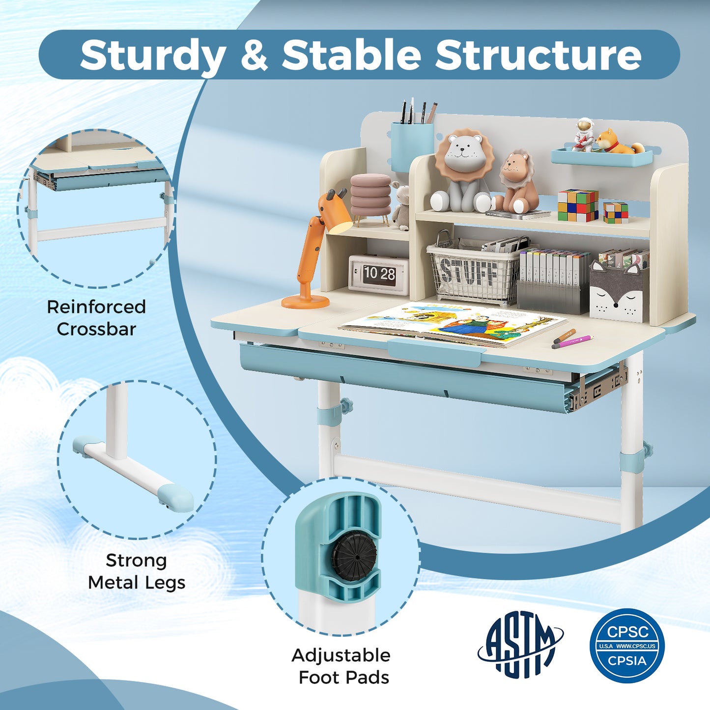 Height Adjustable Kids Study Desk with Tilt Desktop for 3-12 Years Old-Blue Kids Crystal