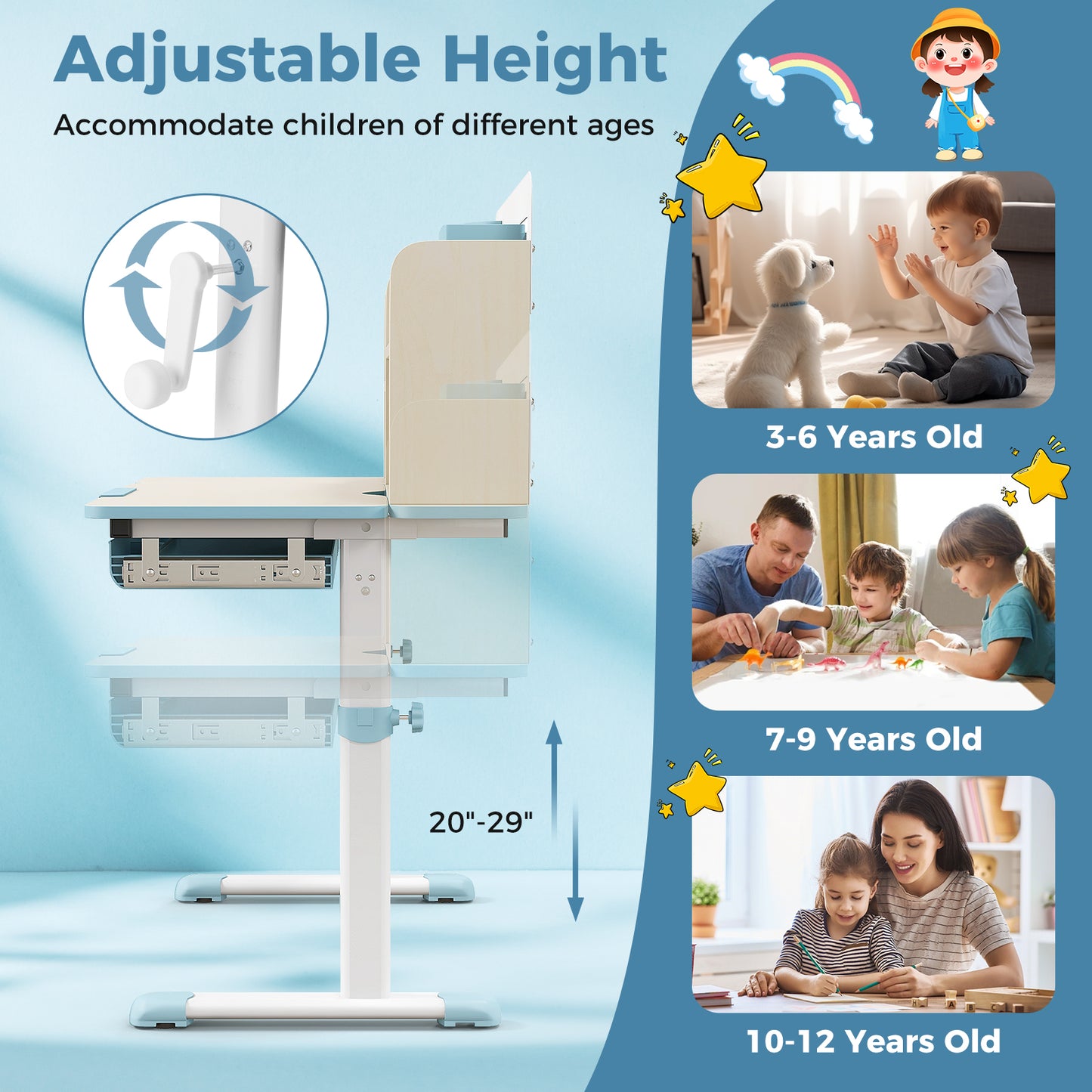Height Adjustable Kids Study Desk with Tilt Desktop for 3-12 Years Old-Blue Kids Crystal