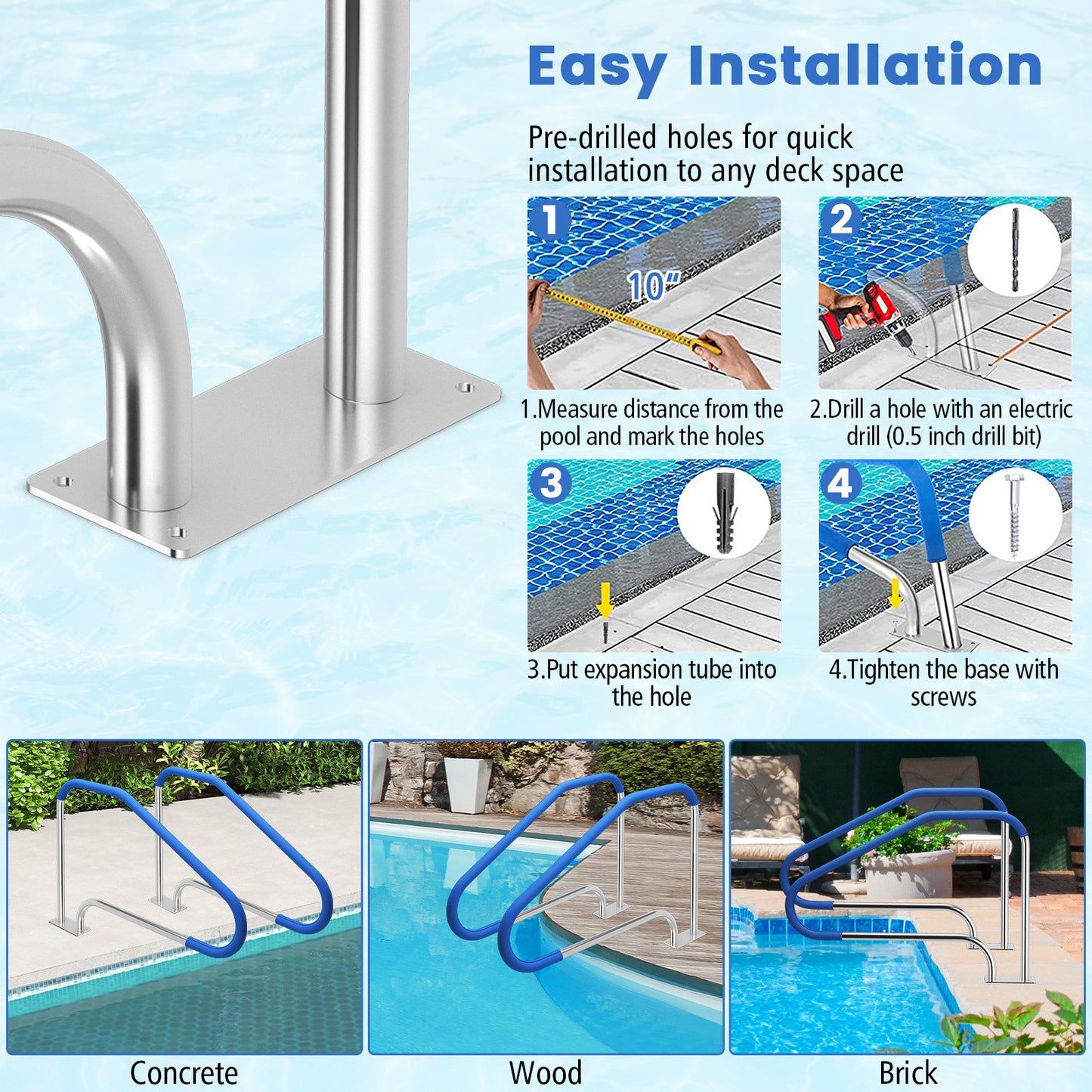 48 x 34 Inch Swimming Pool Handrail 316 Stainless Steel Pool Stair Rail with Grip Cover Kids Crystal