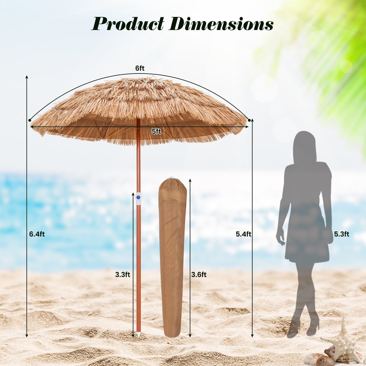 6 Feet Thatched Patio Umbrella with Tilt Design and Carrying Bag Kids Crystal