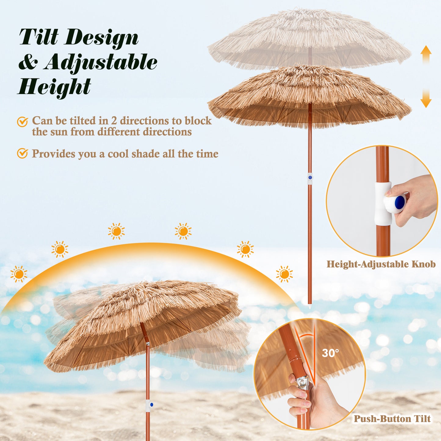 6 Feet Thatched Patio Umbrella with Tilt Design and Carrying Bag Kids Crystal