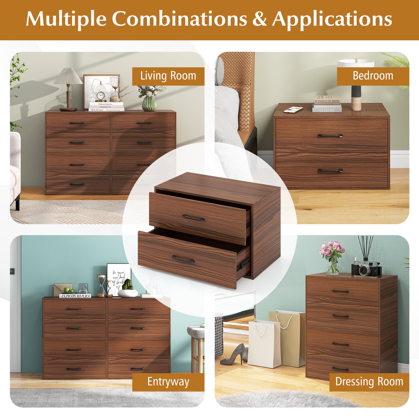 2-Drawer Stackable Horizontal Storage Cabinet Dresser Chest with Handles-Dark Brown Kids Crystal