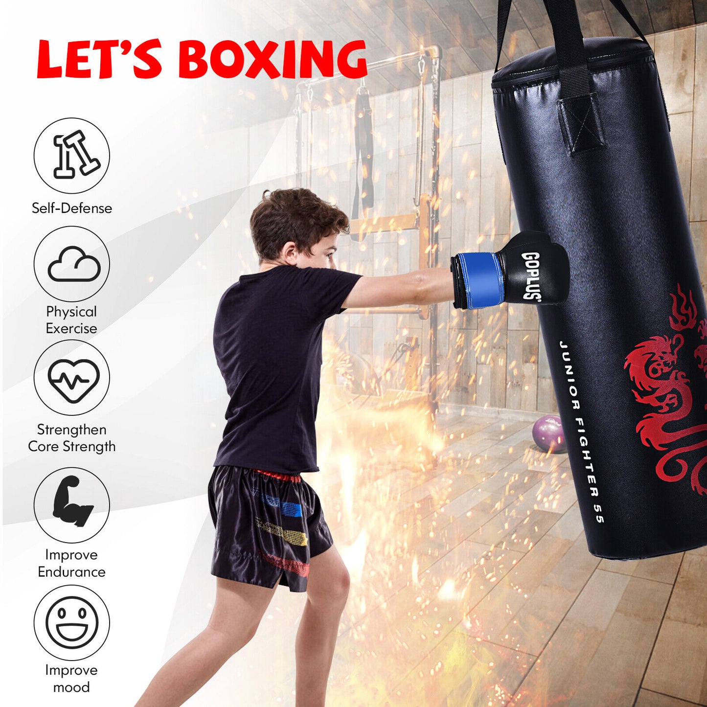 5 Pieces 40Lbs Filled Punching Boxing Set with Jump Rope and Gloves Kids Crystal