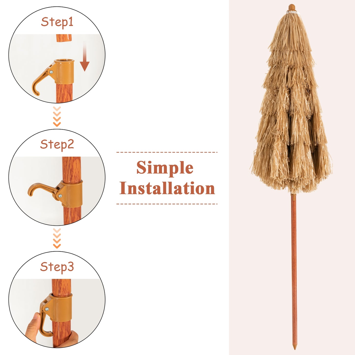 6.5 Feet Portable Thatched Tiki Beach Umbrella with Adjustable Tilt for Poolside and Backyard Kids Crystal