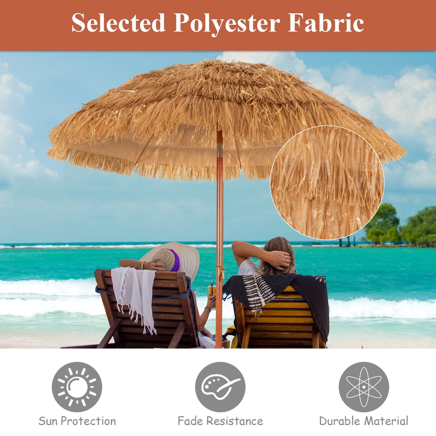 6.5 Feet Portable Thatched Tiki Beach Umbrella with Adjustable Tilt for Poolside and Backyard Kids Crystal