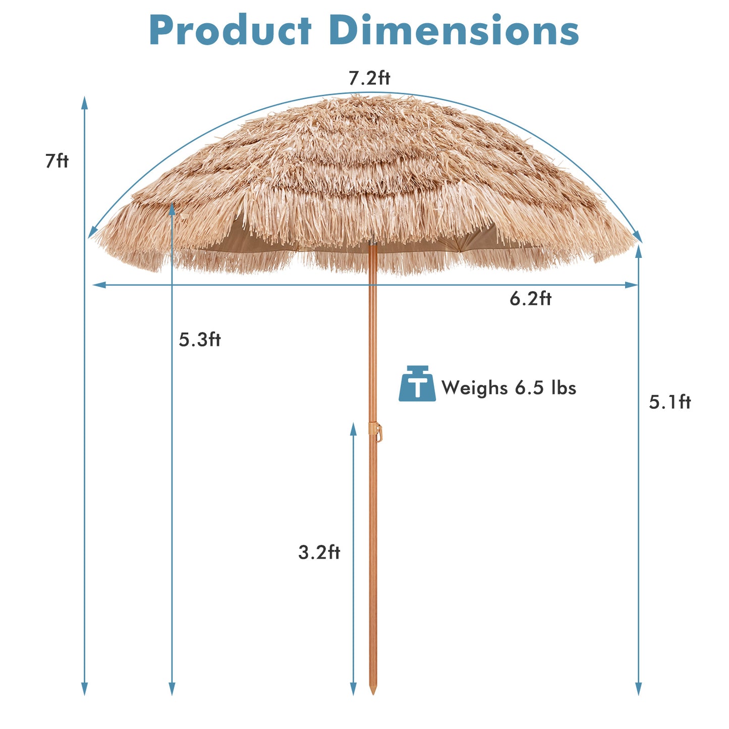 7.2 Feet Patio Thatched Tiki Umbrella Hawaiian Hula Beach Umbrella Kids Crystal