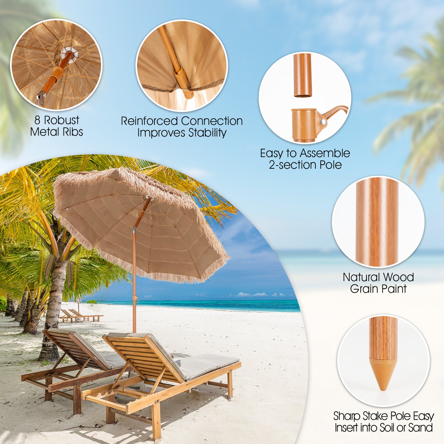 7.2 Feet Patio Thatched Tiki Umbrella Hawaiian Hula Beach Umbrella Kids Crystal