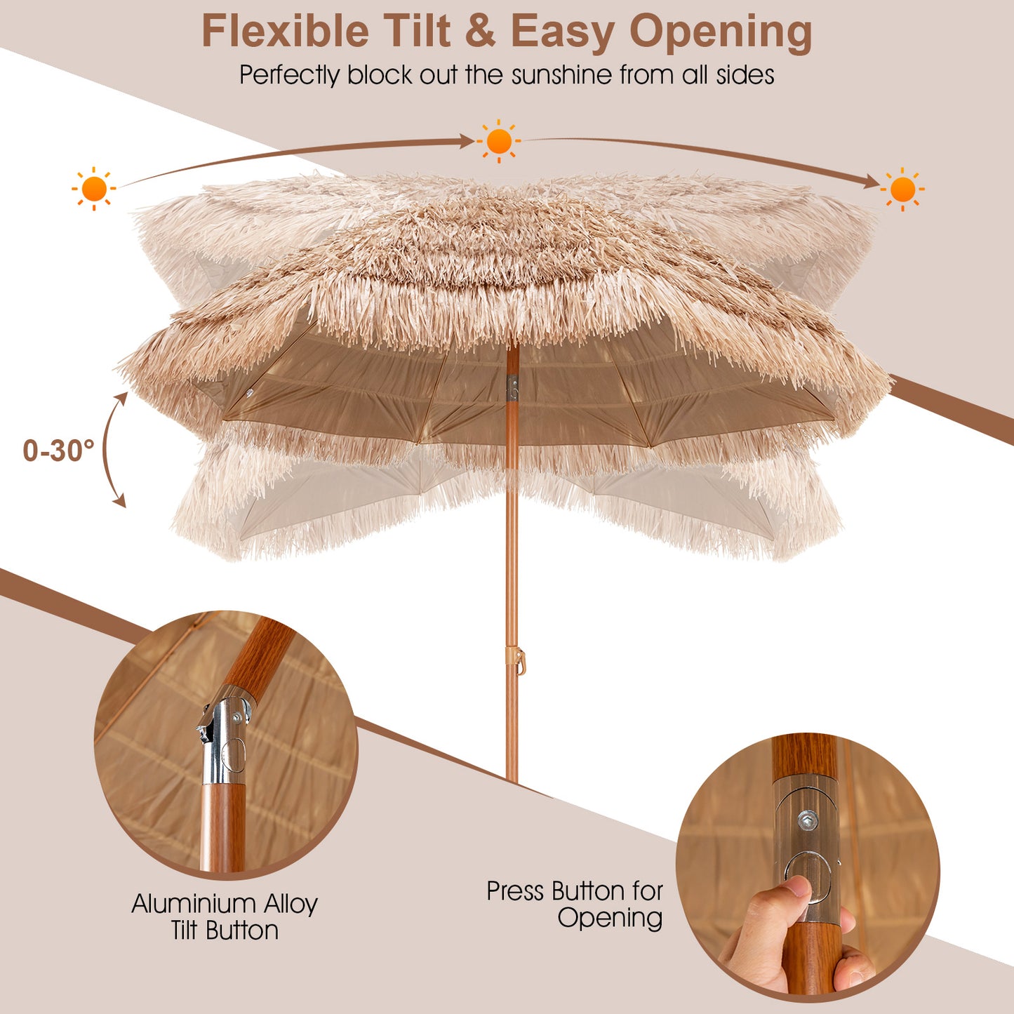 7.2 Feet Patio Thatched Tiki Umbrella Hawaiian Hula Beach Umbrella Kids Crystal