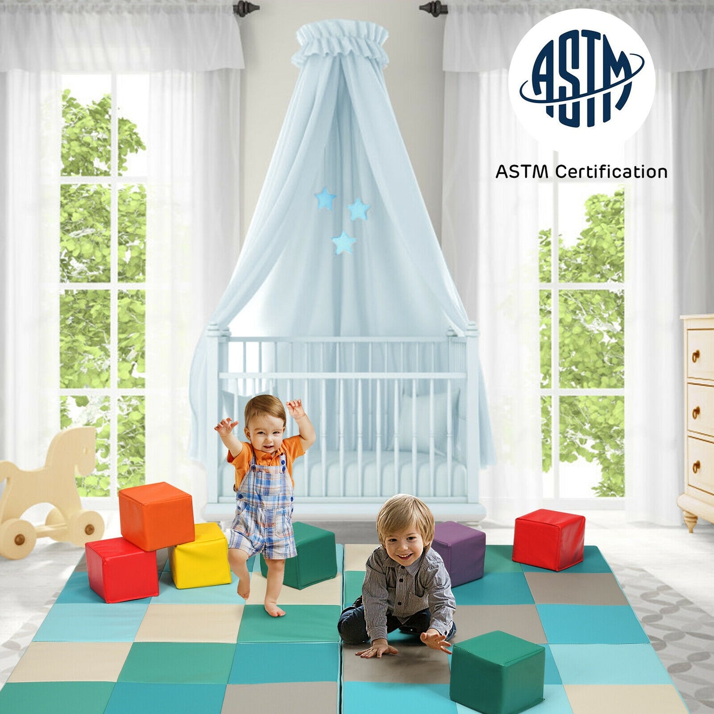 58 Inch Toddler Foam Play Mat Baby Folding Activity Floor Mat-Light Blue Kids Crystal