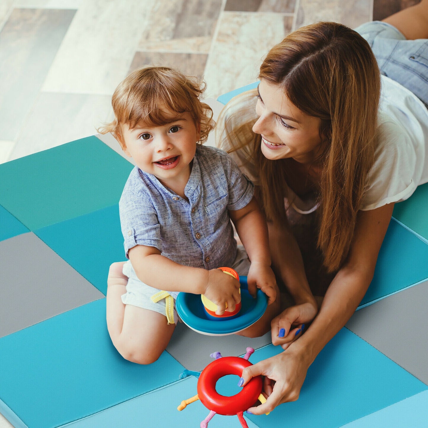 58 Inch Toddler Foam Play Mat Baby Folding Activity Floor Mat-Light Blue Kids Crystal