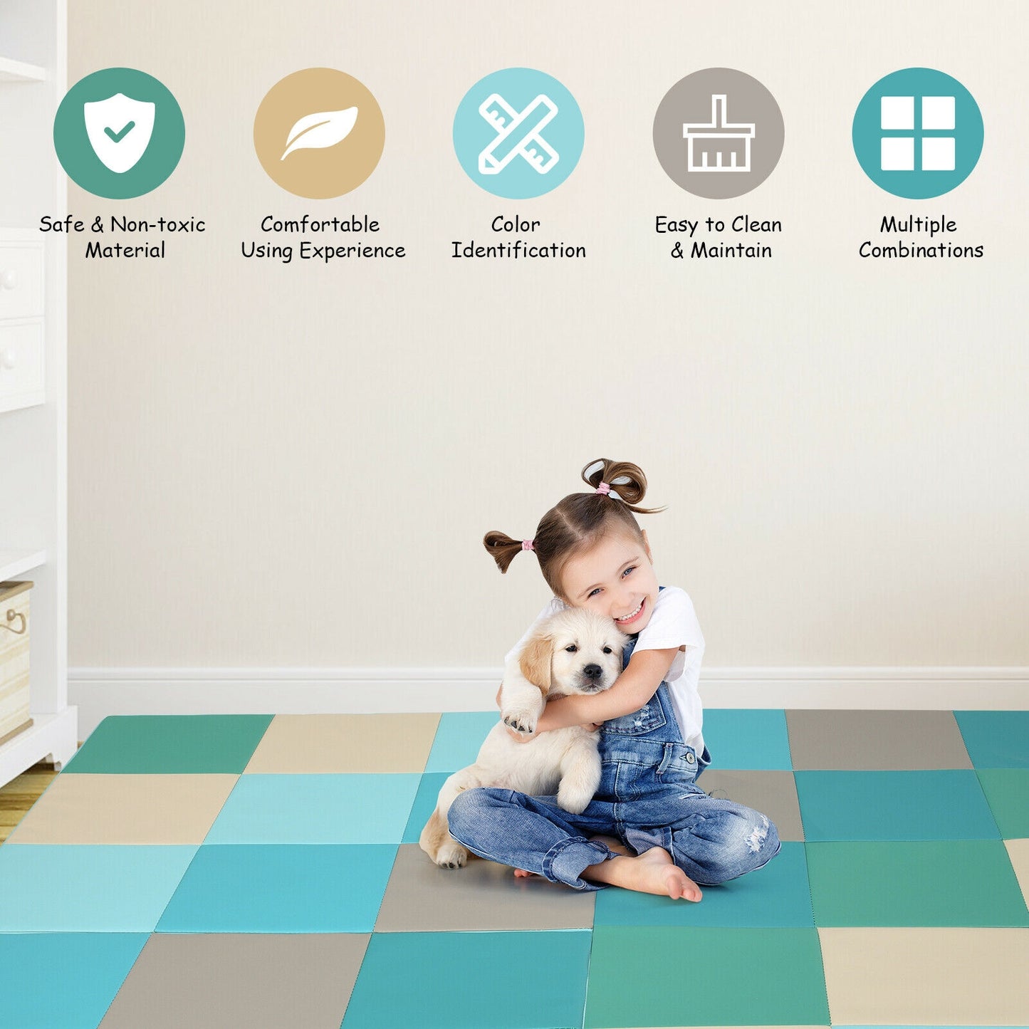 58 Inch Toddler Foam Play Mat Baby Folding Activity Floor Mat-Light Blue Kids Crystal