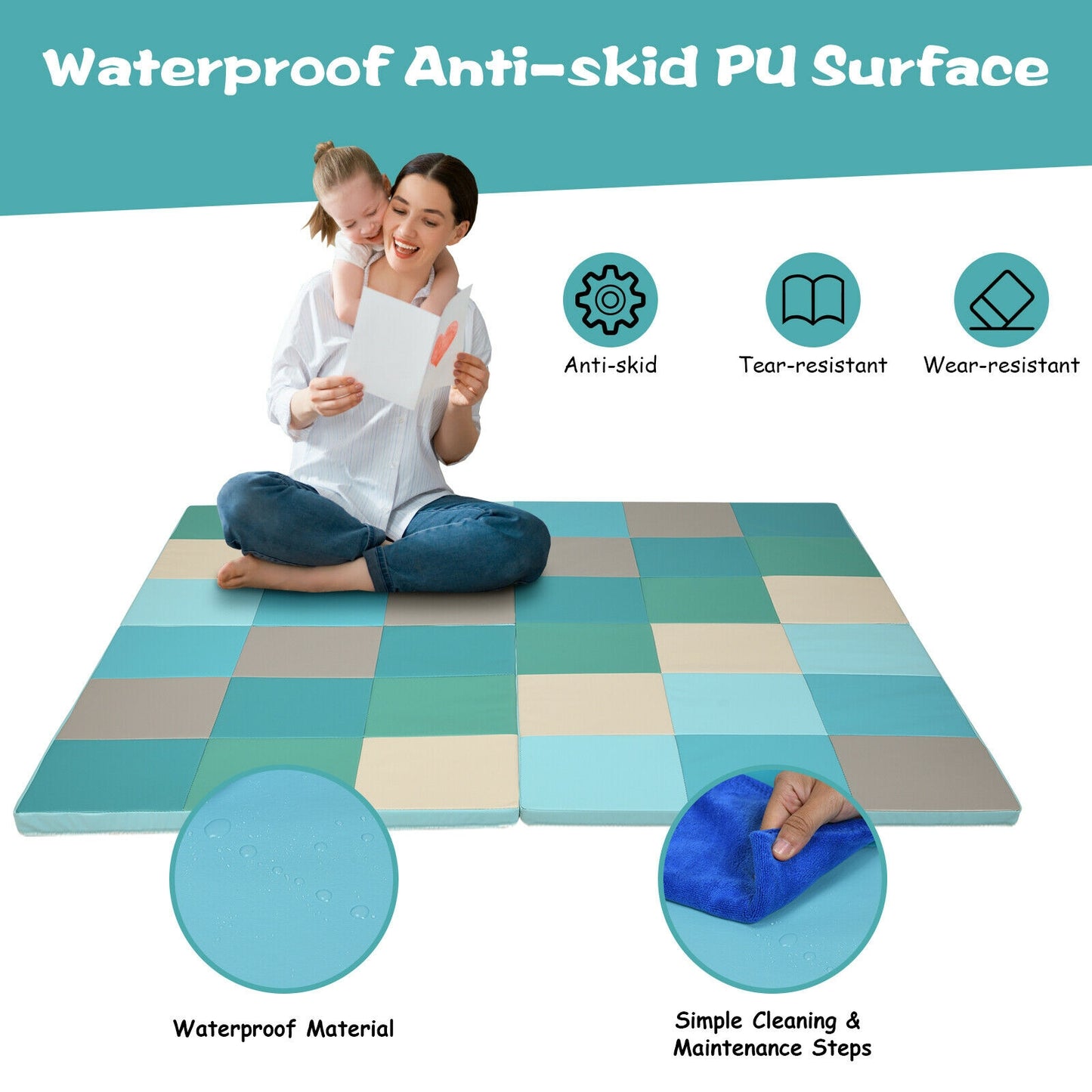 58 Inch Toddler Foam Play Mat Baby Folding Activity Floor Mat-Light Blue Kids Crystal