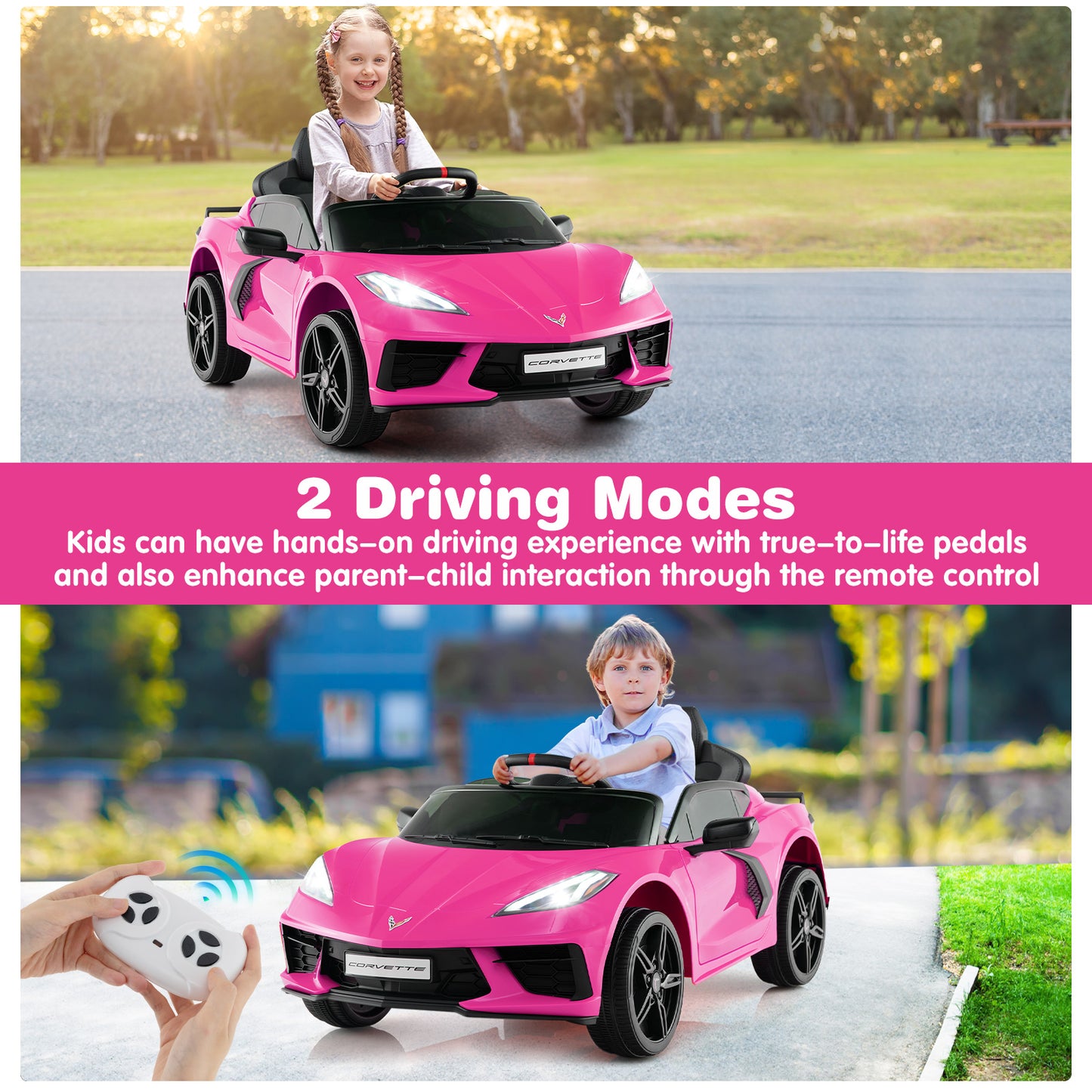 12V Electric Kids Ride On Car Licensed Chevrolet Corvette C8 with Remote Control Ages 3+ Years Old-Pink Kids Crystal