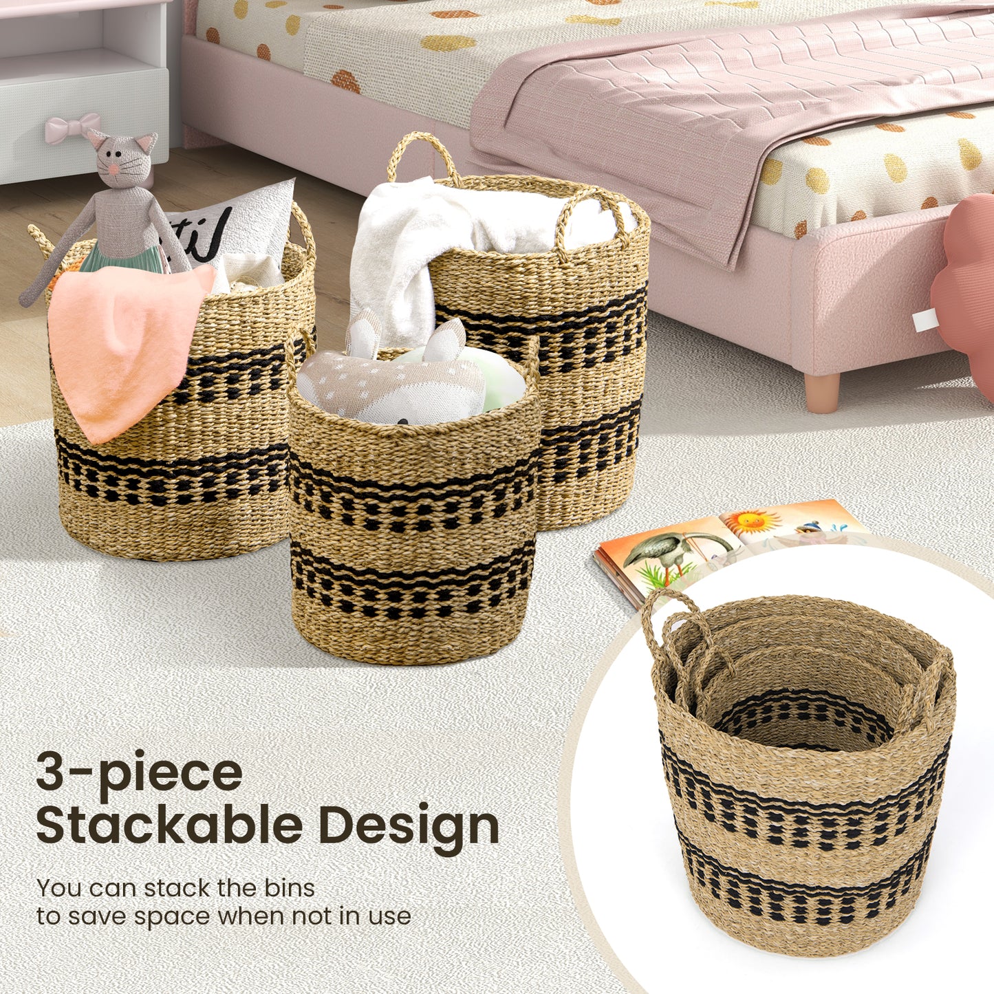 Seagrass Basket Set of 3 Stackable Storage Bins with Handles Woven Round Basket-M Kids Crystal
