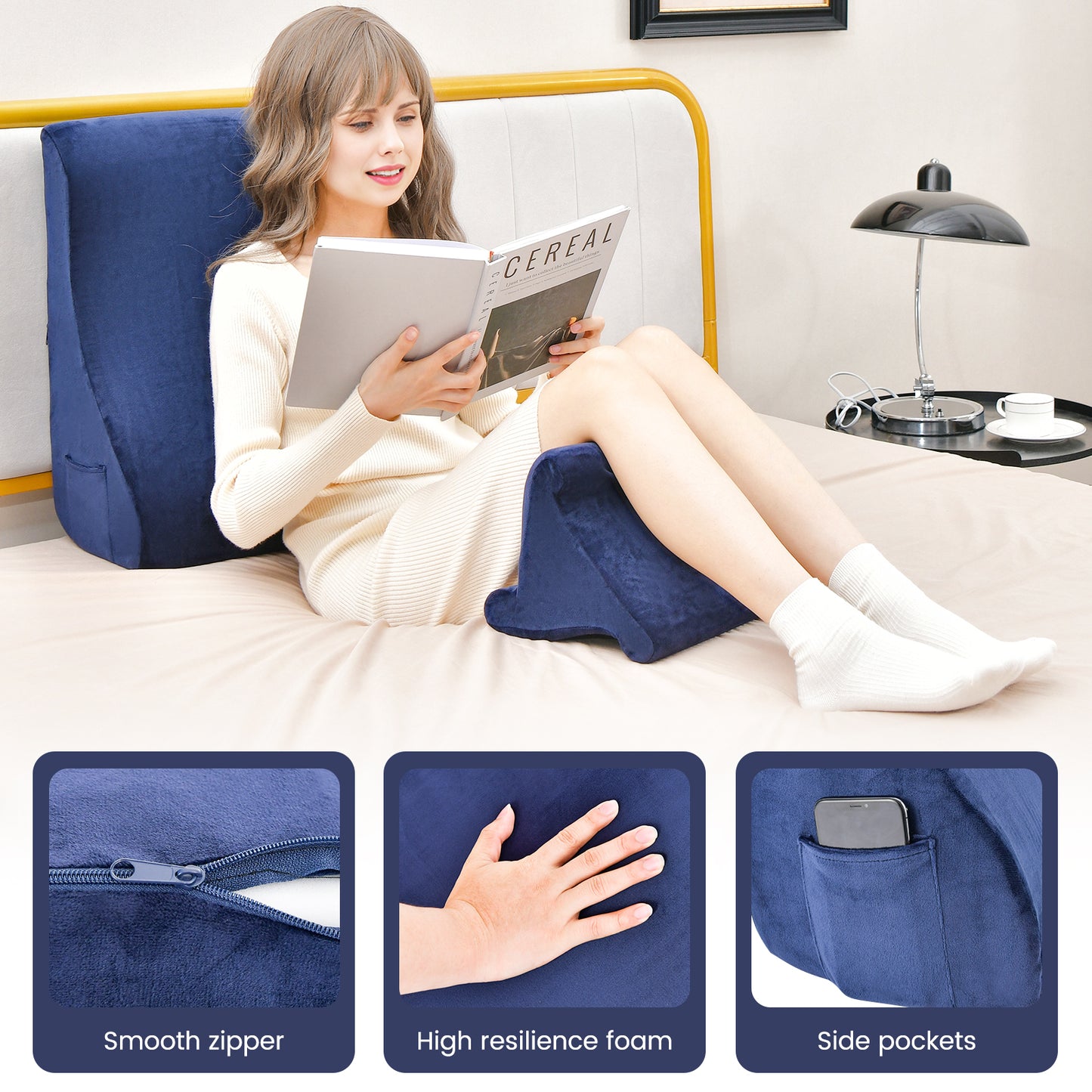 Bed Wedge Pillow with Tablet Pillow Stand and Side Pockets-Navy Kids Crystal