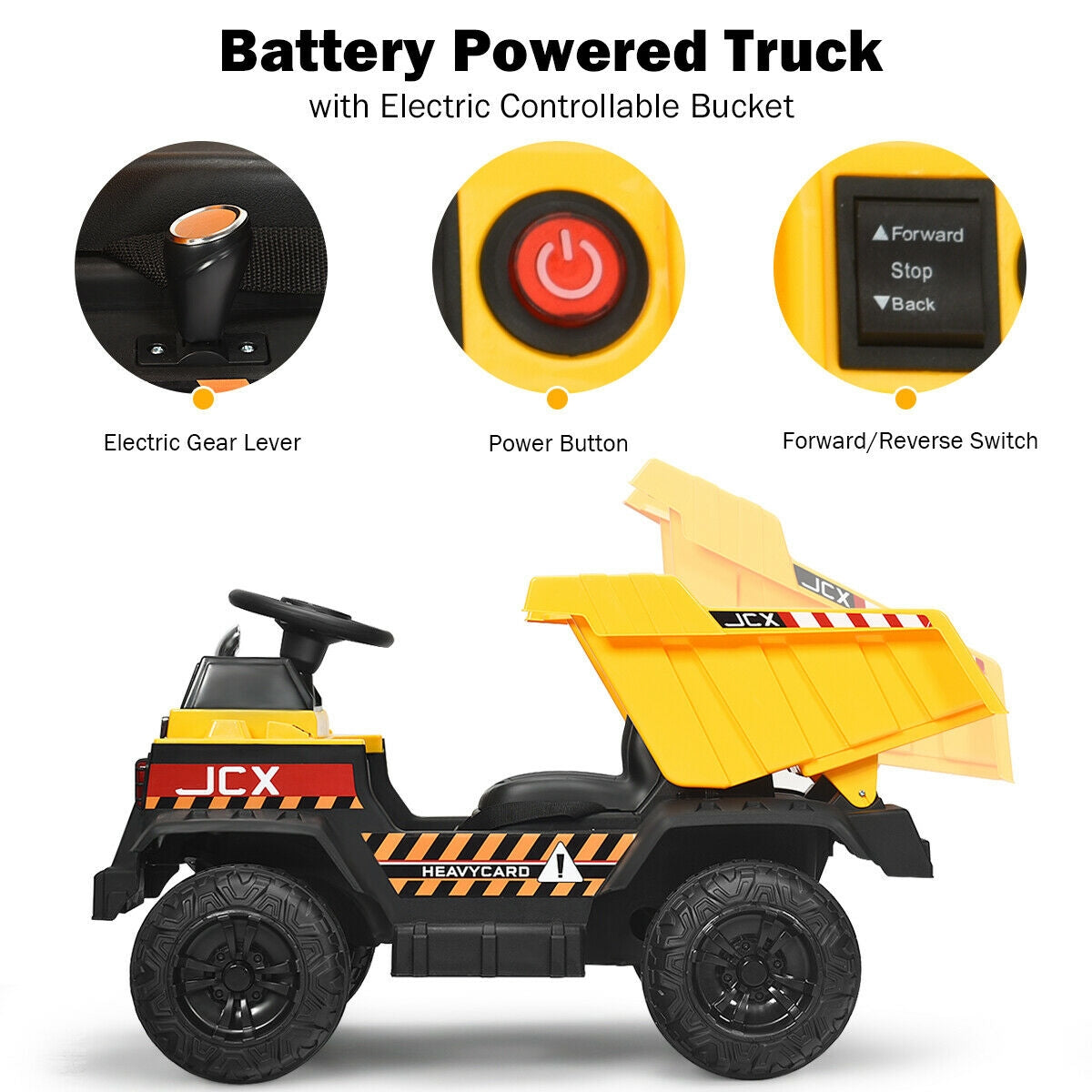 12V Battery Kids Ride On Dump Truck with Electric Bucket and Dump Bed-Yellow Kids Crystal