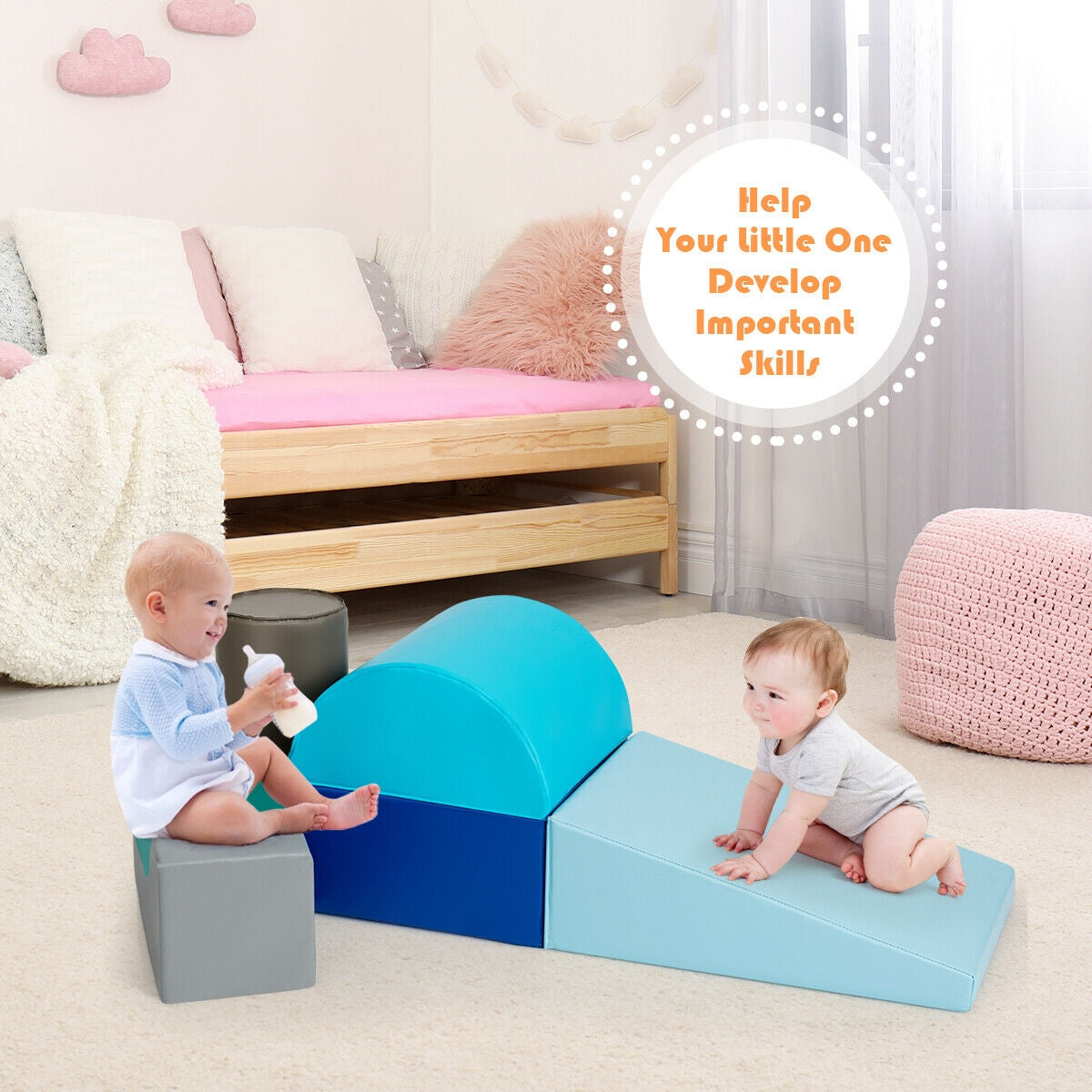 6 Piece Climb Crawl Play Set Indoor Kids Toddler-Light Blue Kids Crystal