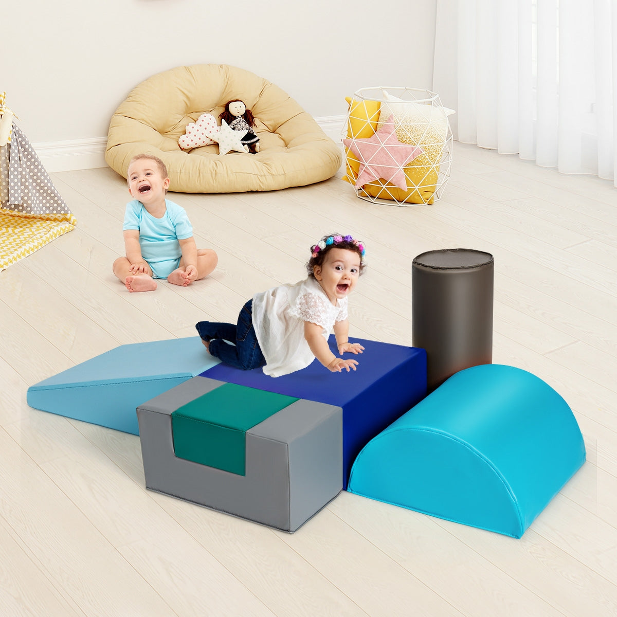 6 Piece Climb Crawl Play Set Indoor Kids Toddler-Light Blue Kids Crystal