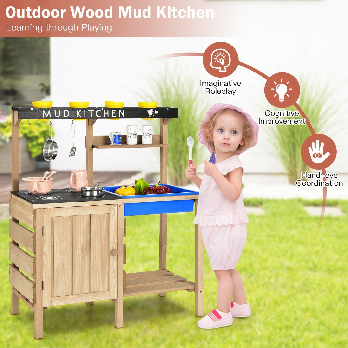 Outdoor Mud Kids Kitchen Playset Wooden Pretend Play Toy with Kitchenware Kids Crystal