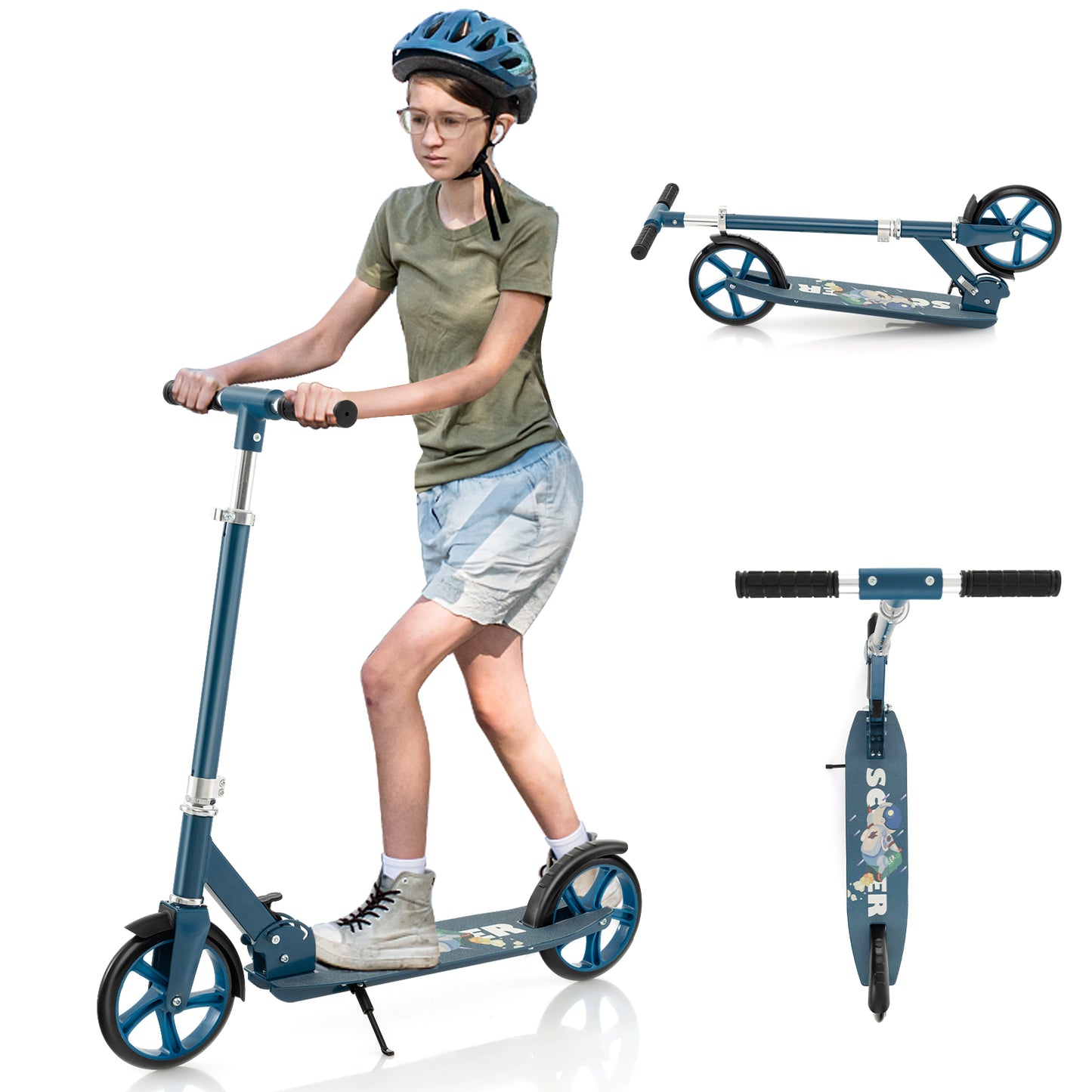 Folding Aluminum Alloy Scooter with 3 Adjustable Heights-Blue Kids Crystal
