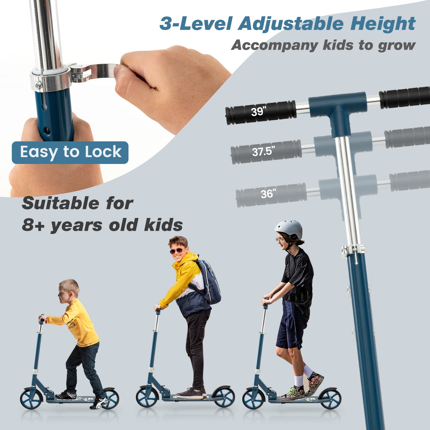 Folding Aluminum Alloy Scooter with 3 Adjustable Heights-Blue Kids Crystal