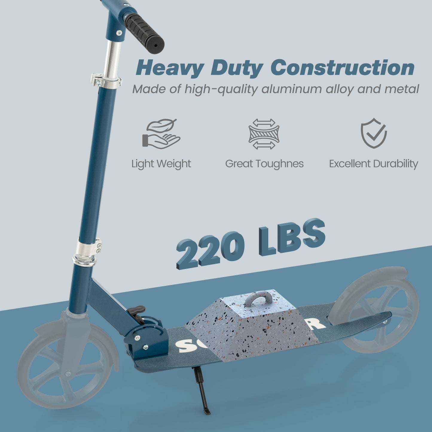 Folding Aluminum Alloy Scooter with 3 Adjustable Heights-Blue Kids Crystal
