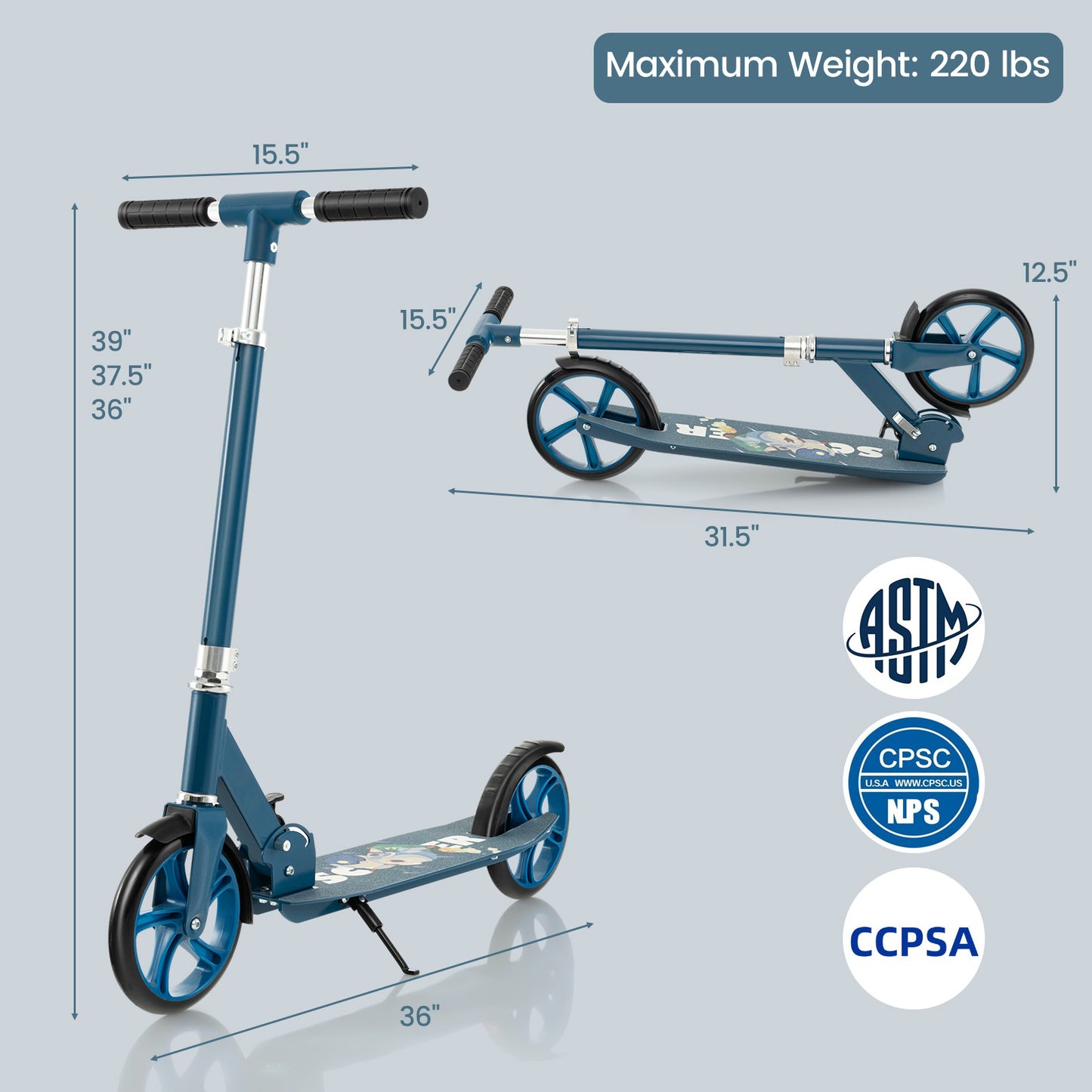 Folding Aluminum Alloy Scooter with 3 Adjustable Heights-Blue Kids Crystal