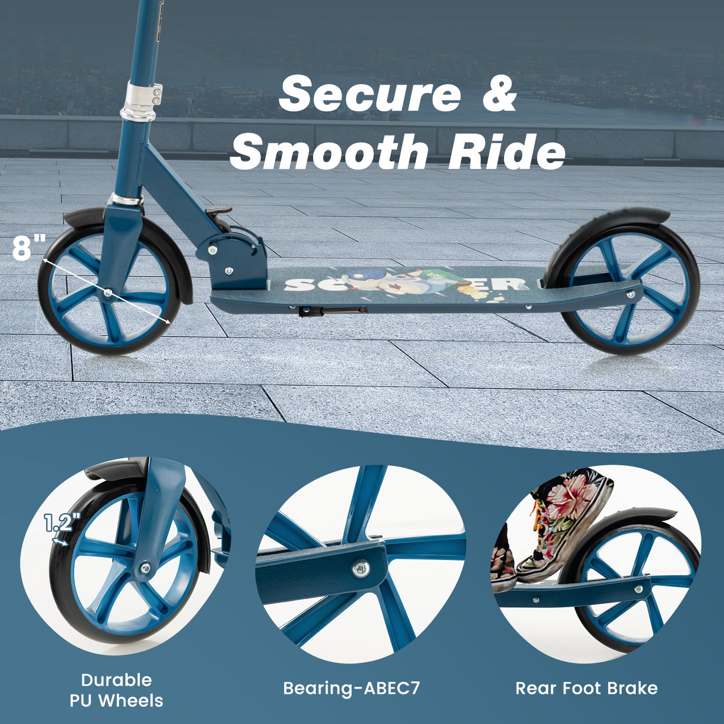 Folding Aluminum Alloy Scooter with 3 Adjustable Heights-Blue Kids Crystal