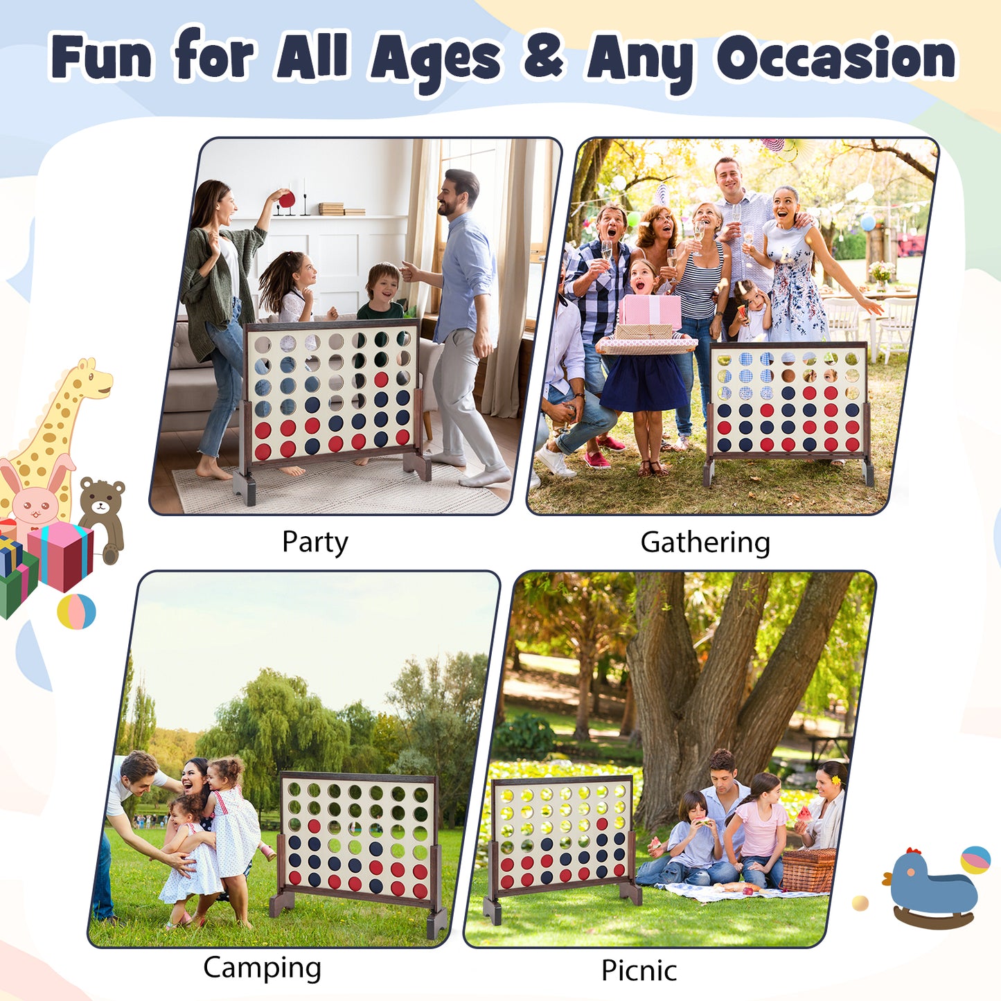 Wooden4-in-a-row Game Set with 42 PCS Chips and 600D Oxford Fabric Carrying Bag-Brown Kids Crystal