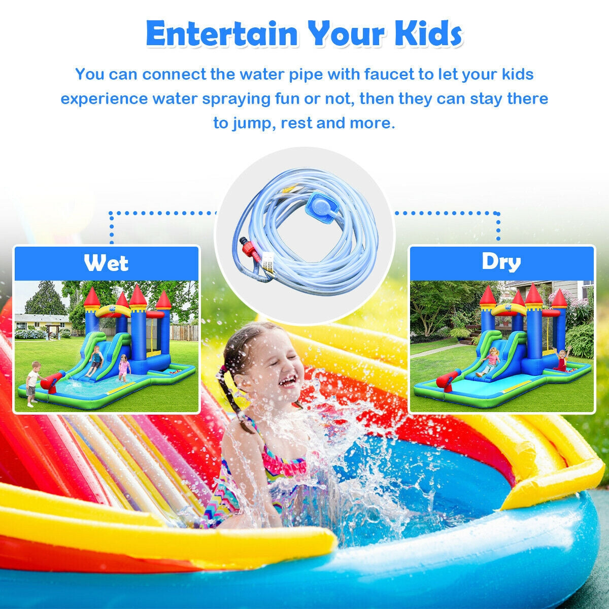 Inflatable Bounce House Castle Water Slide with Climbing Wall and 580W Blower Kids Crystal