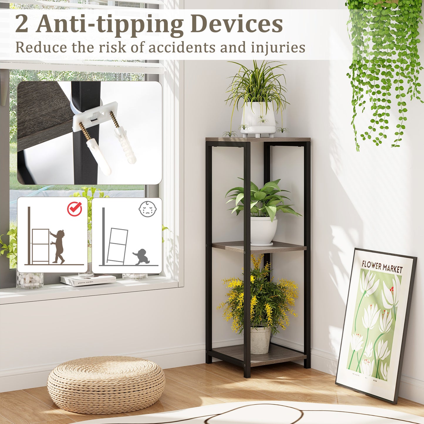 3-Tier Tall Metal Plant Stand Corner Plant Holder with Anti-tipping Device-Black & Gray Kids Crystal