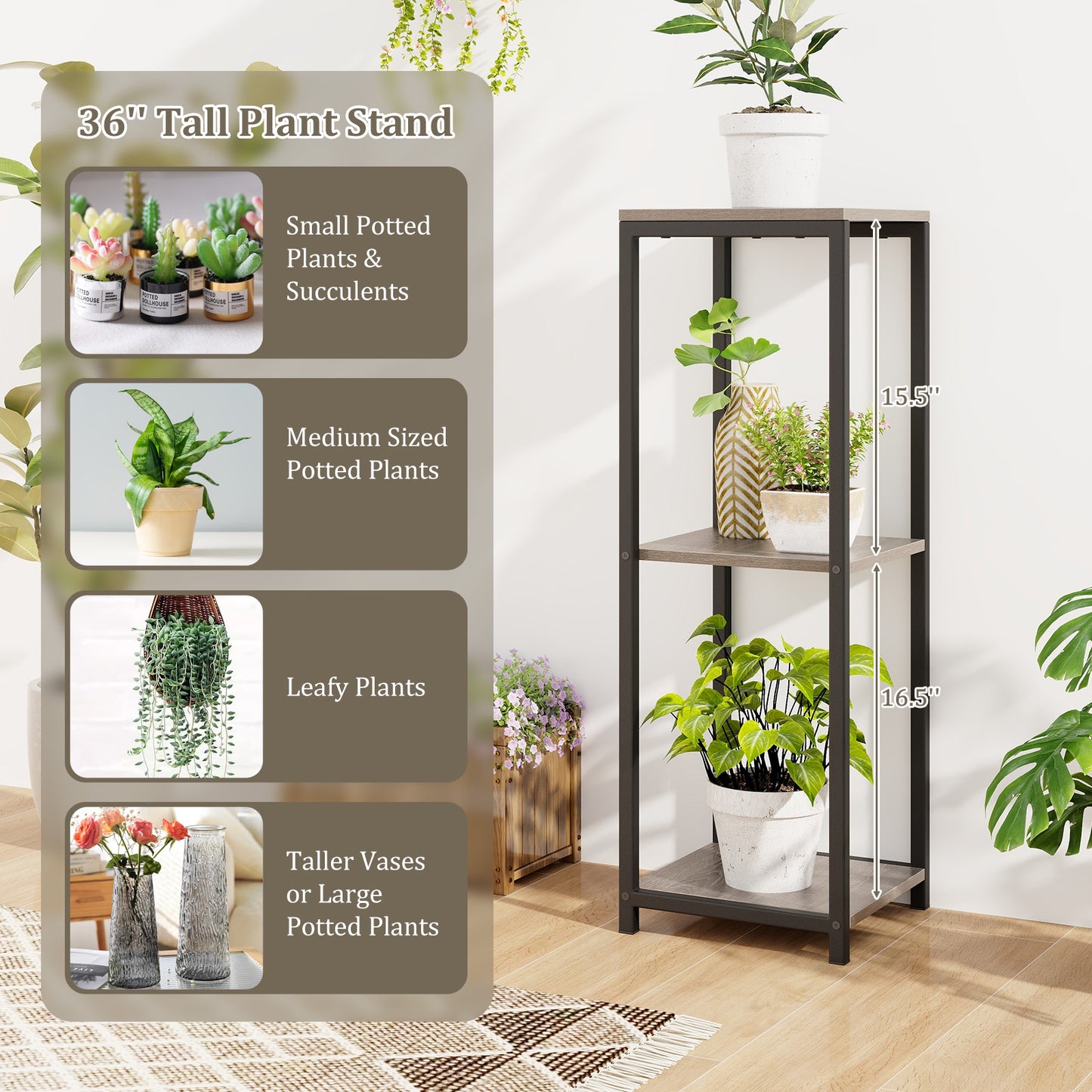 3-Tier Tall Metal Plant Stand Corner Plant Holder with Anti-tipping Device-Black & Gray