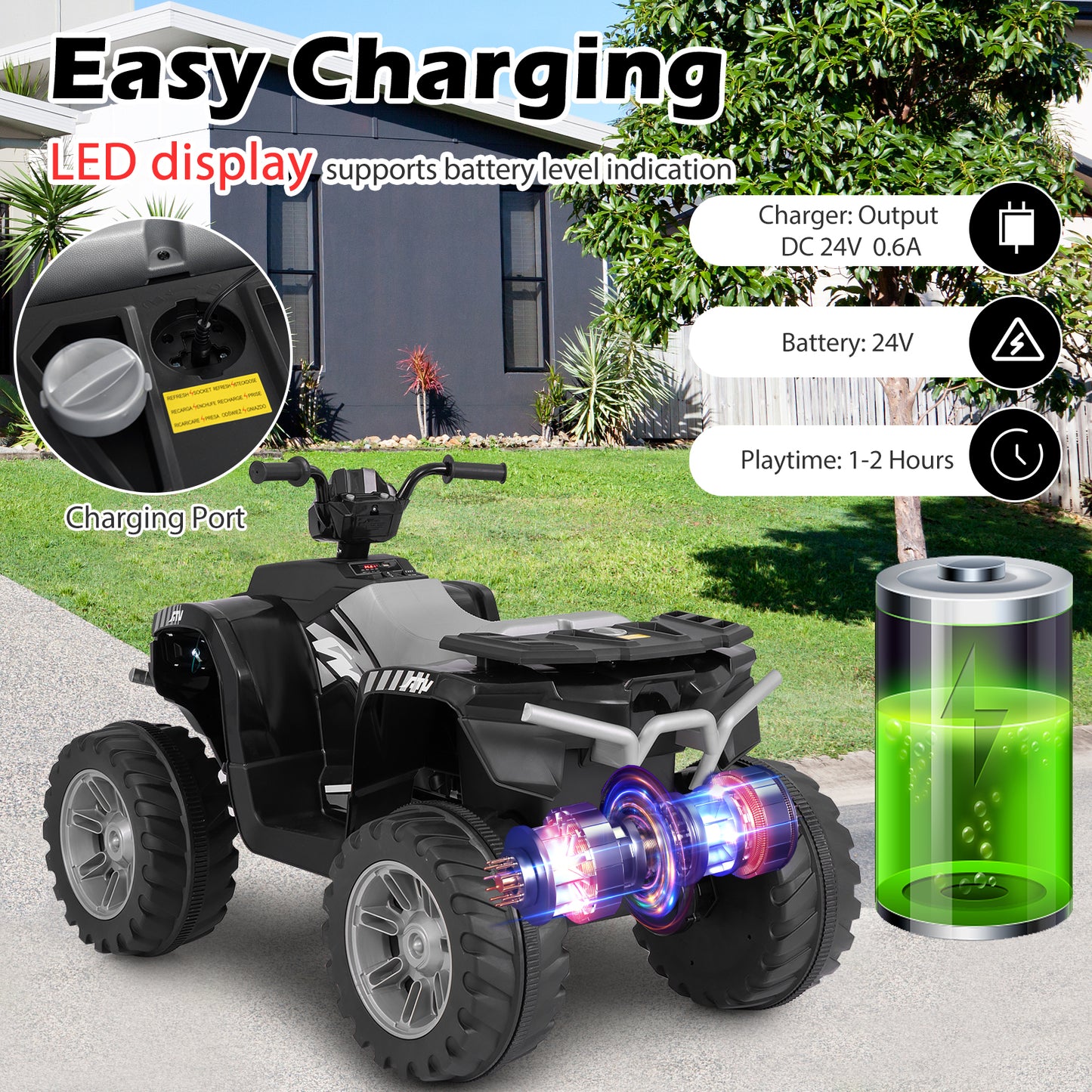 24V Kids Ride-On Electric ATV with Wireless Connection for Toddlers 3-8 Years Old-Black Kids Crystal