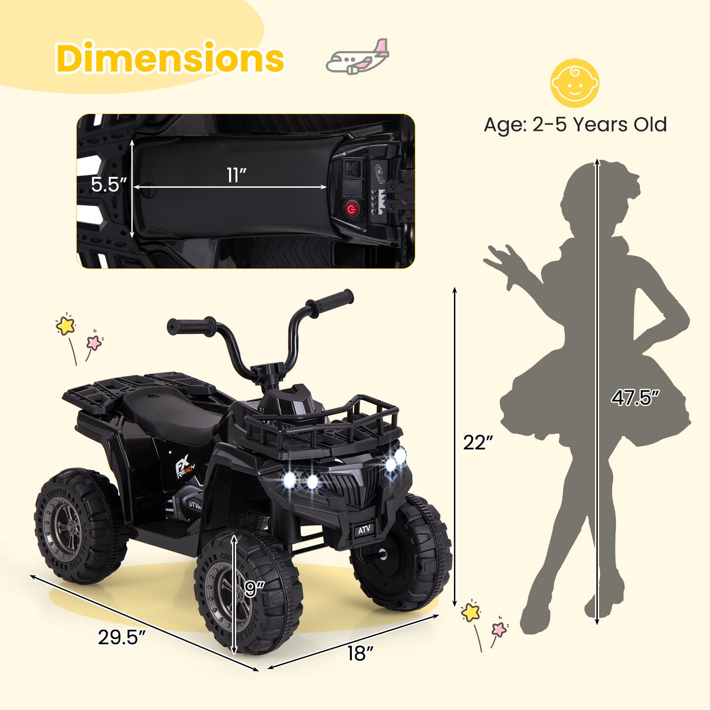 6V Kids Ride On Electric ATV with LED Headlights and MP3 Player-Black