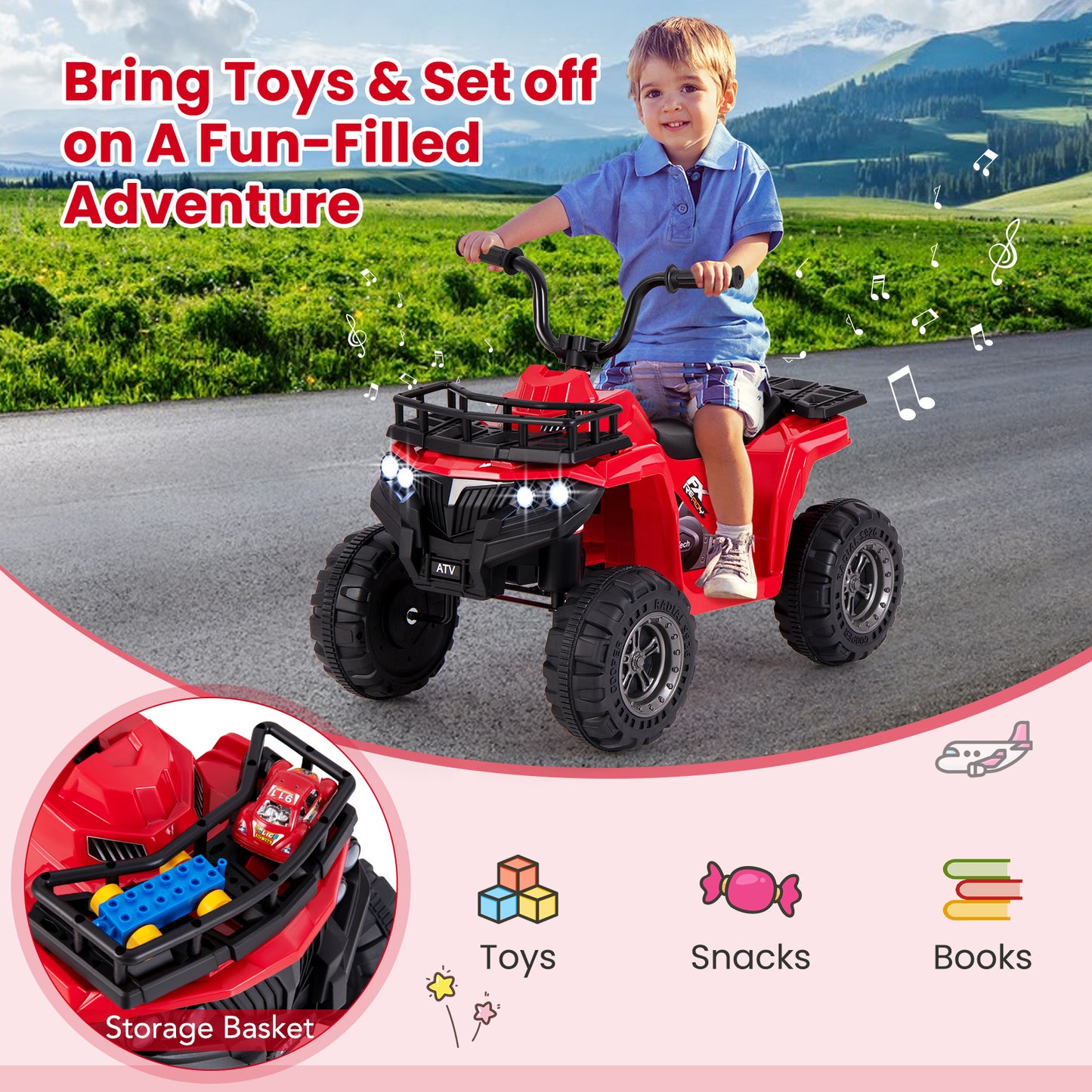 6V Kids Ride On Electric ATV with LED Headlights and MP3 Player-Red Kids Crystal