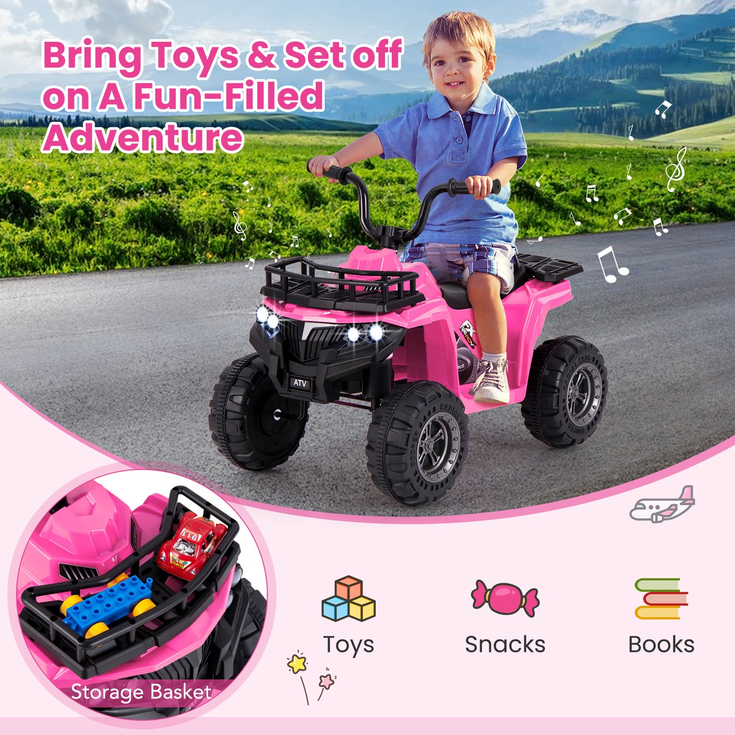 6V Kids Ride On Electric ATV with LED Headlights and MP3 Player-Pink Kids Crystal